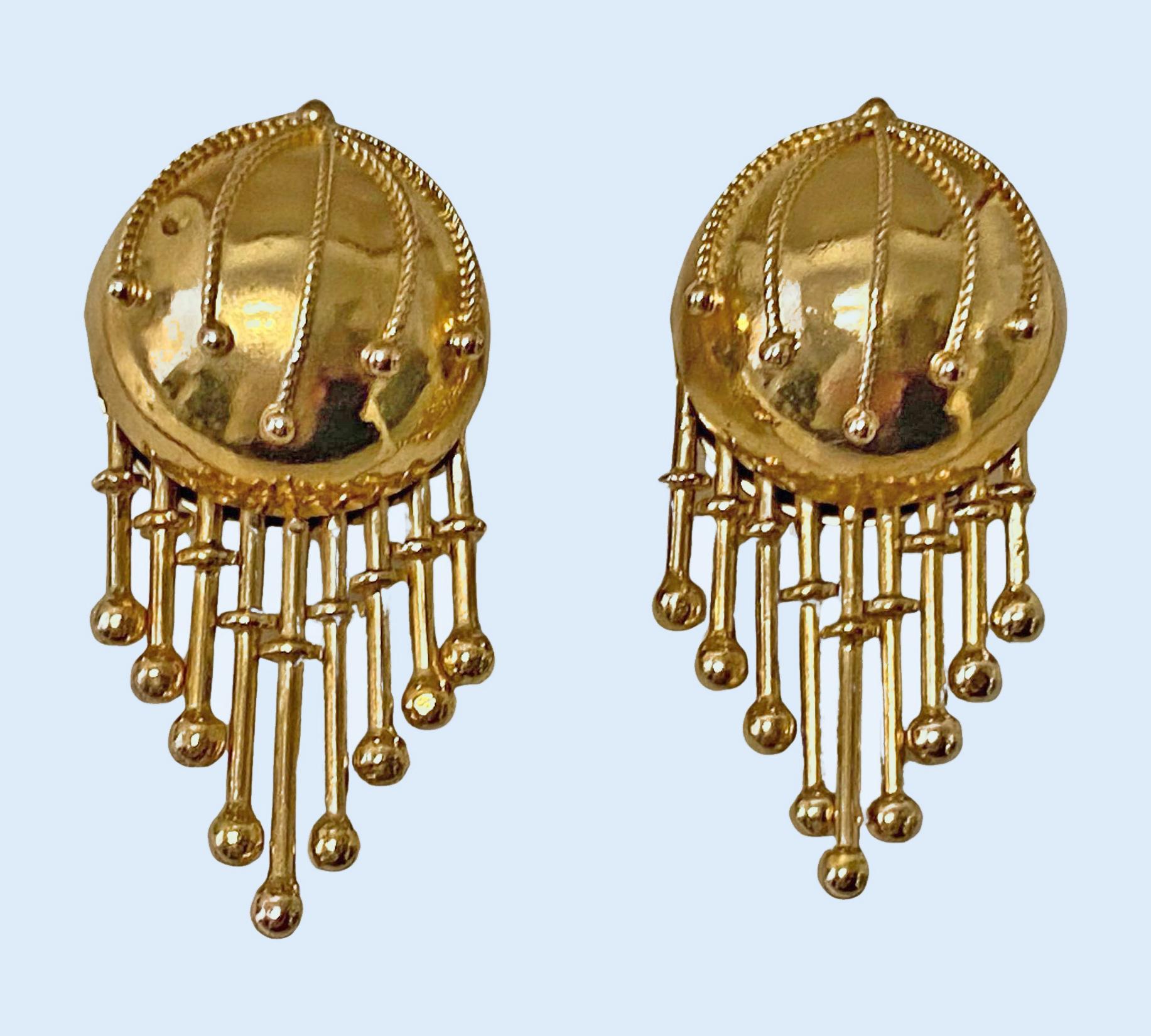 Antique 18K etruscan tassel drop Earrings, English C.1860. The Earrings surmounted with sphere with granular etruscan bead wire work and a drop of nine graduated drop bead tassels. Later post and butterfly fitments. Drop: 1.125 inches. Total Item