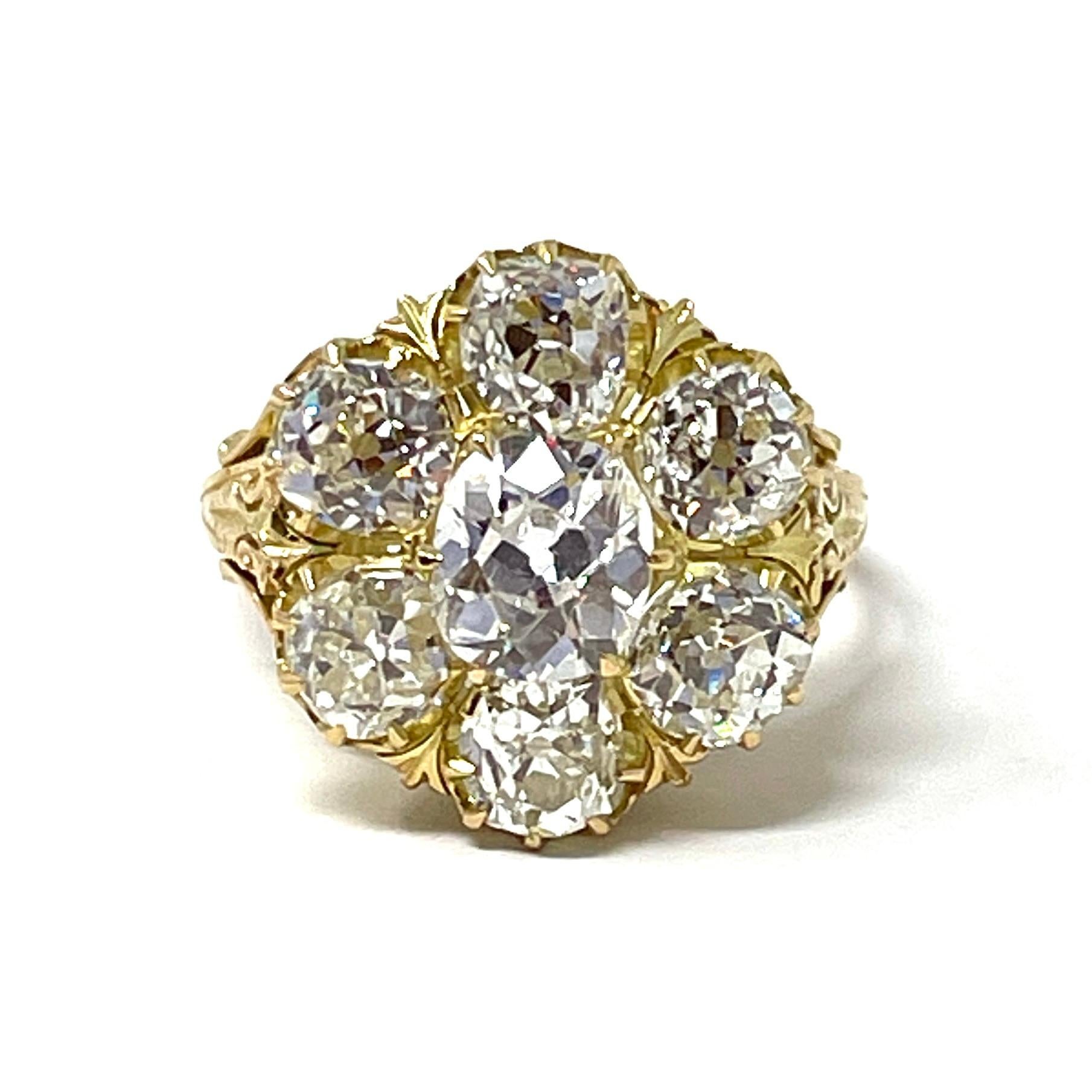 Grande bague victorienne à grappes de diamants contenant environ 5,80 carats de poids total de diamants taillés à l'ancienne, sertis dans de l'or 18 carats. 
