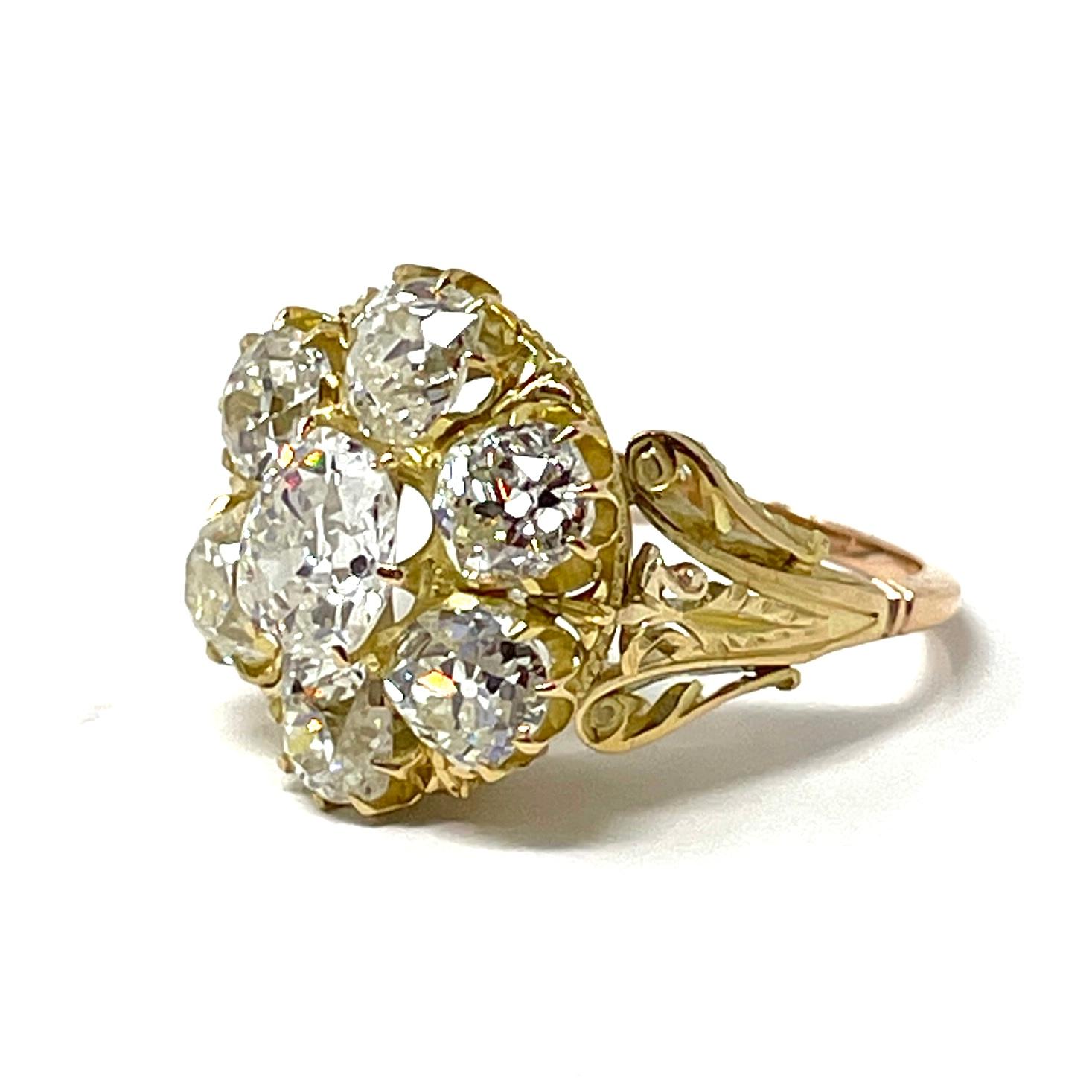 Bague grappe ancienne du 19ème siècle en or 18 carats avec diamants taille vieille mine Bon état - En vente à New Orleans, LA