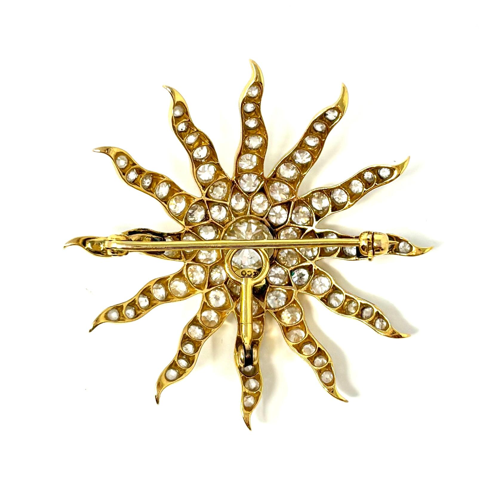 A classic Victorian starburst themed brooch by Tiffany &  Company, containing 2.70 carats total weight old European cut diamonds. It can also be worn as a pendant.

It measures 1 3/4