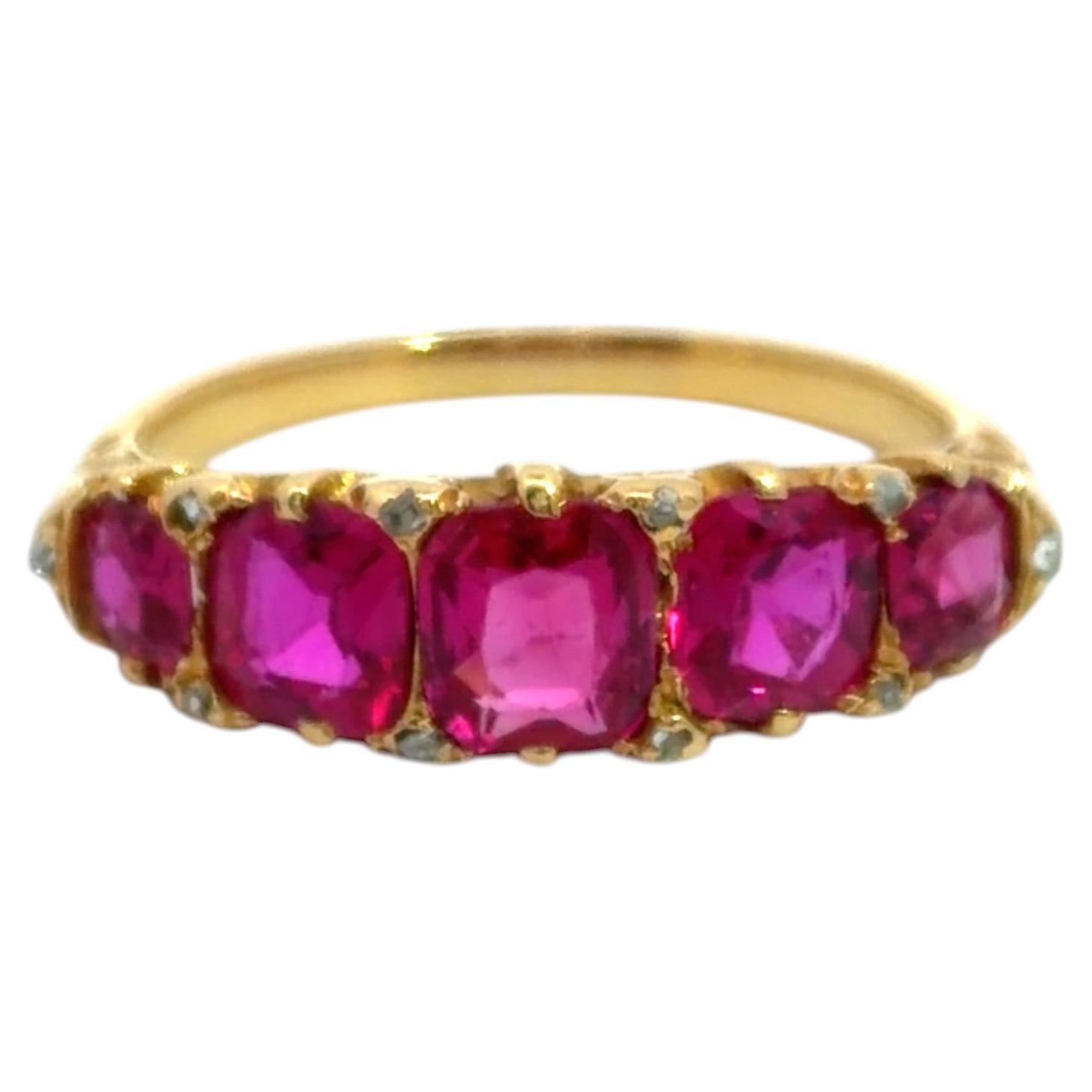 Antique 19th Century 18k Yellow Gold Burma Ruby Five Stone Ring