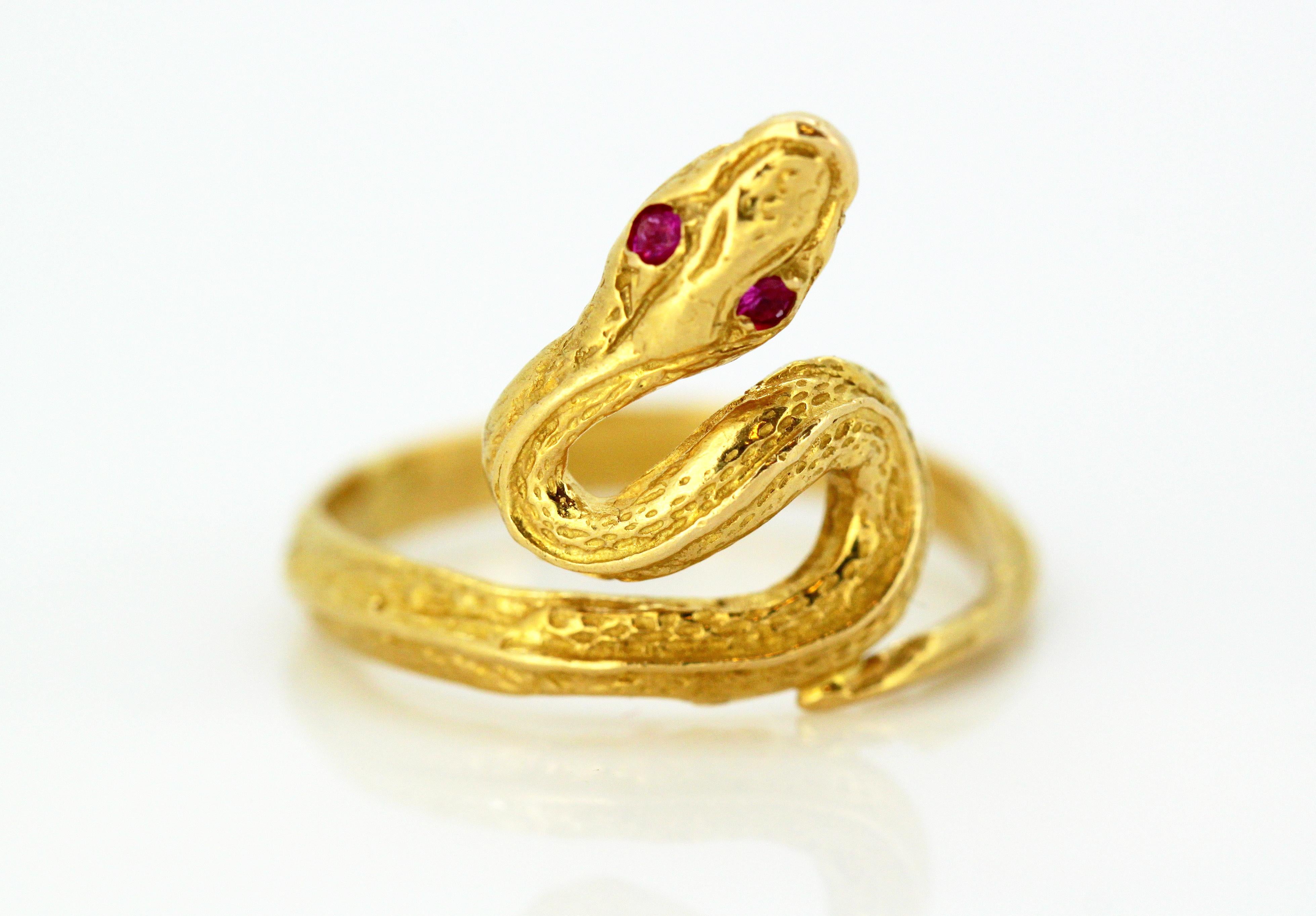Antique 19th Century 18 Karat Yellow Gold Egyptian Snake Ring with 2 Ruby Eyes 1