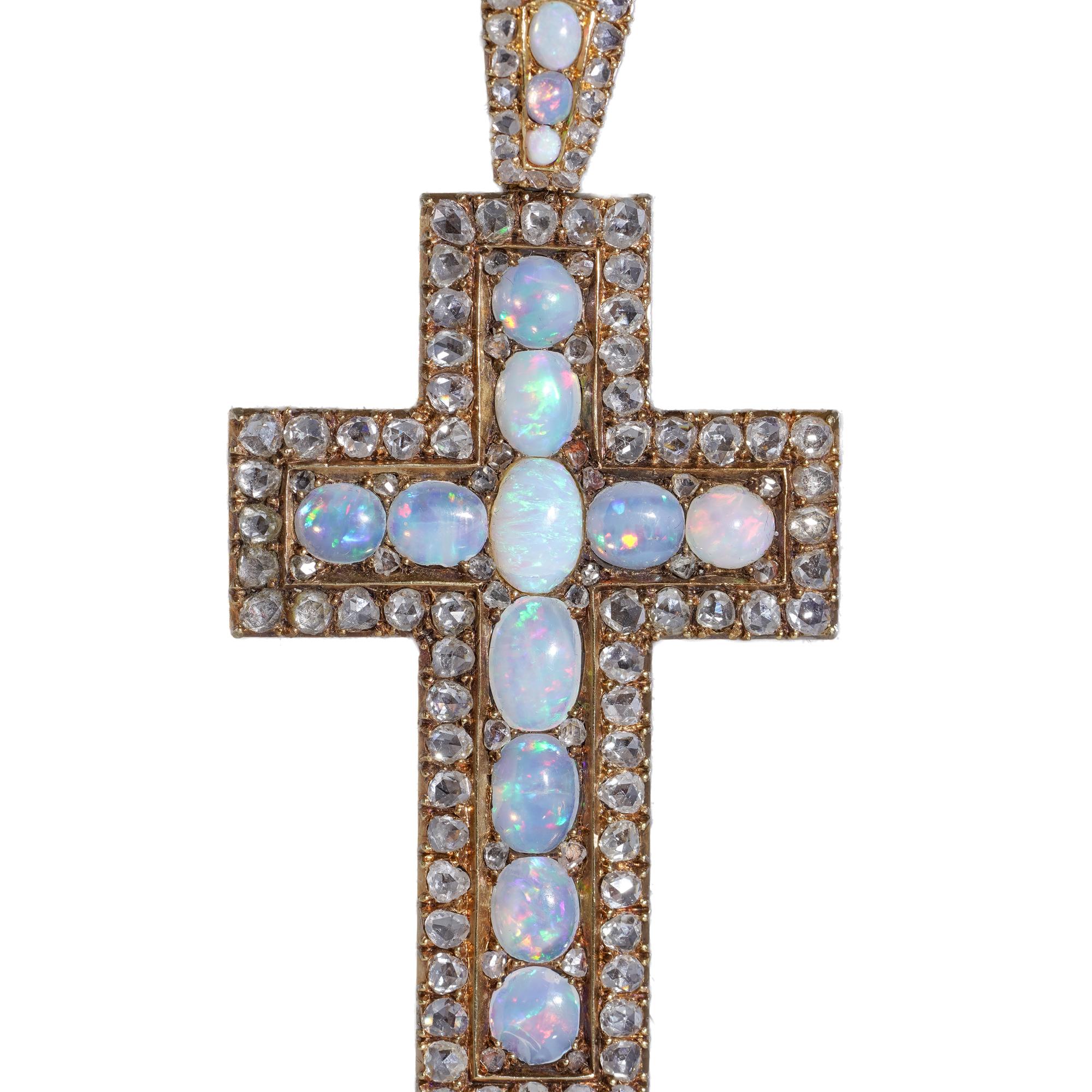Rose Cut Antique 19th Century 20kt. yellow gold rose-cut diamond and opal cross pendant For Sale