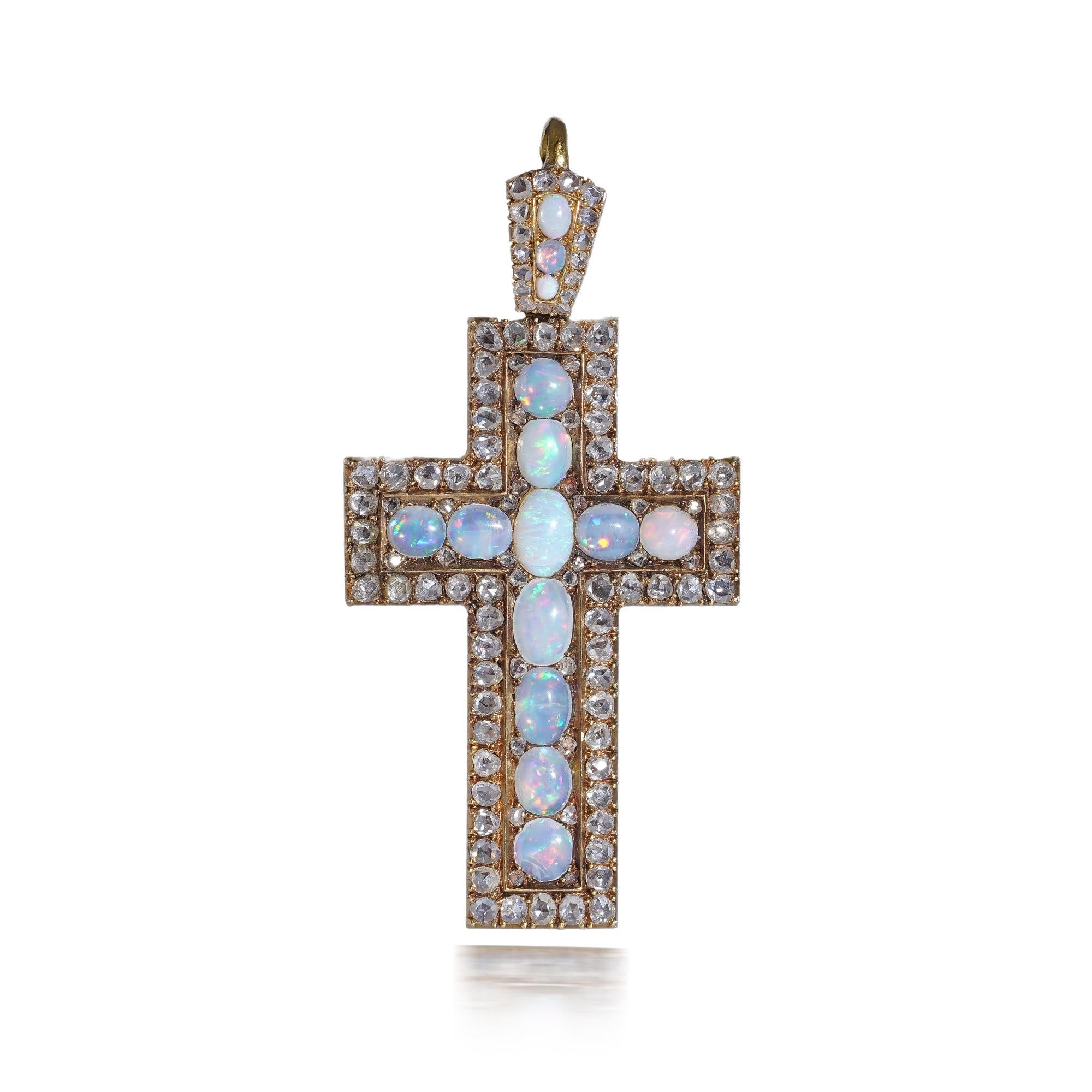 Antique 19th Century 20kt. yellow gold rose-cut diamond and opal cross pendant For Sale 1
