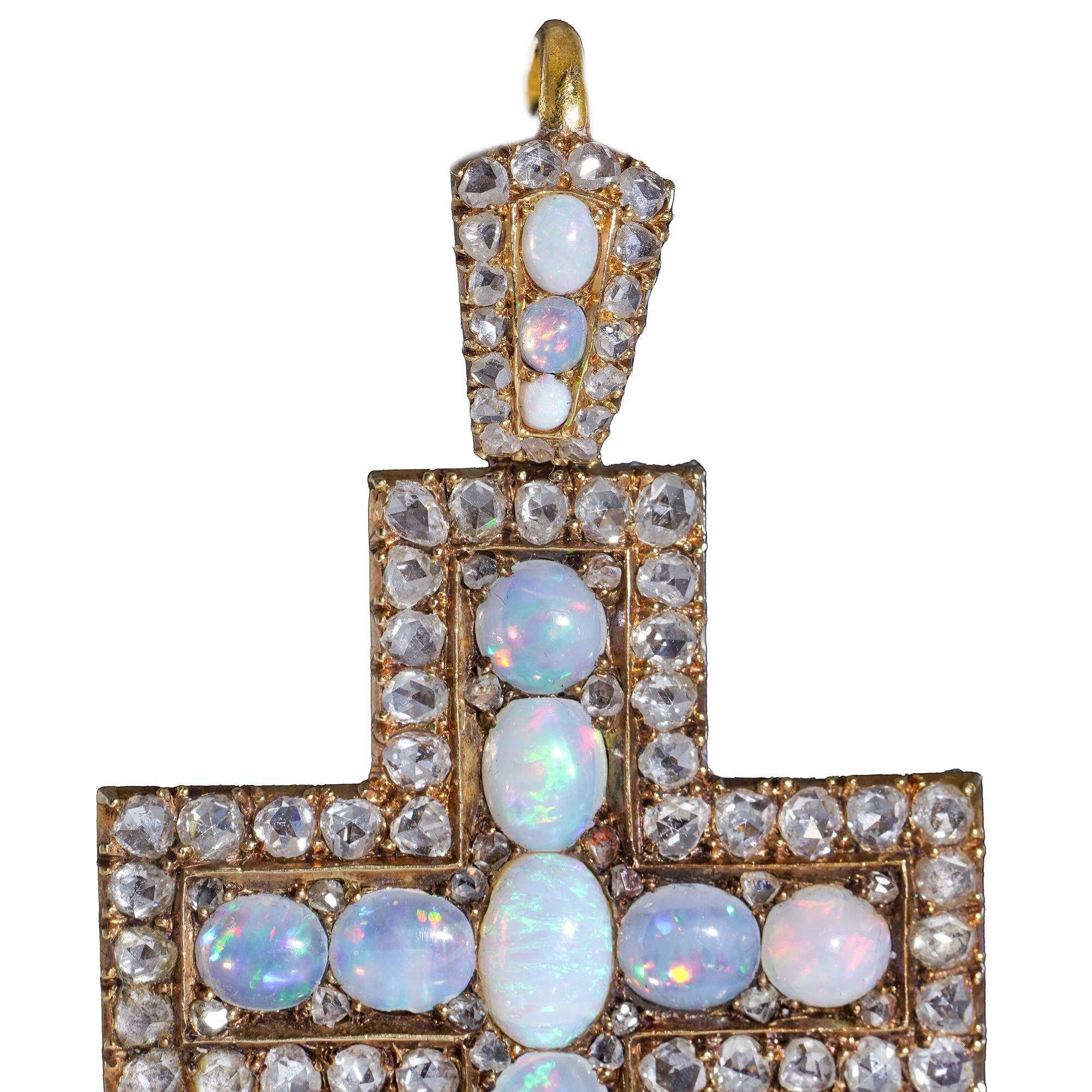 Antique 19th Century 20kt. yellow gold rose-cut diamond and opal cross pendant For Sale 2