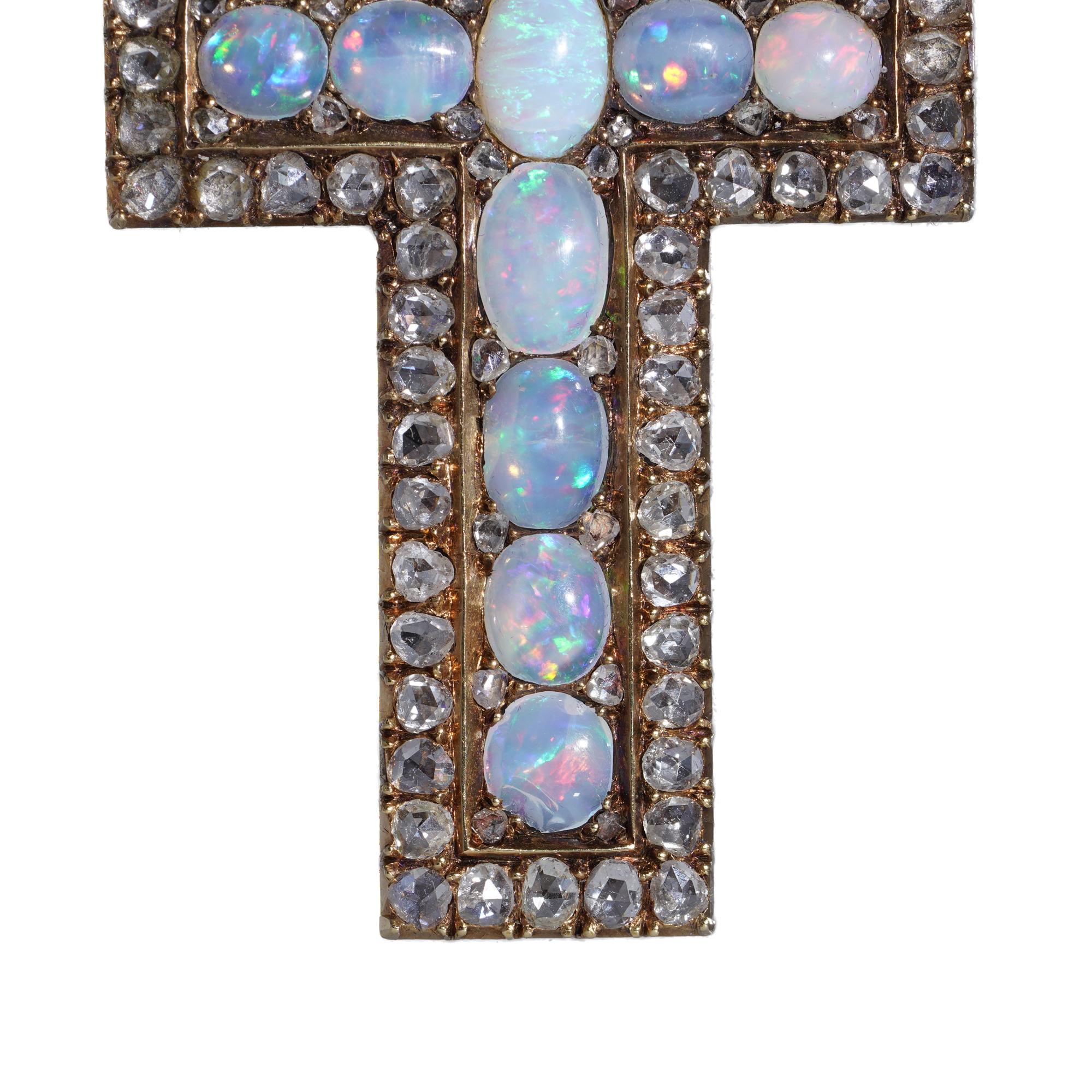 Antique 19th Century 20kt. yellow gold rose-cut diamond and opal cross pendant For Sale 3