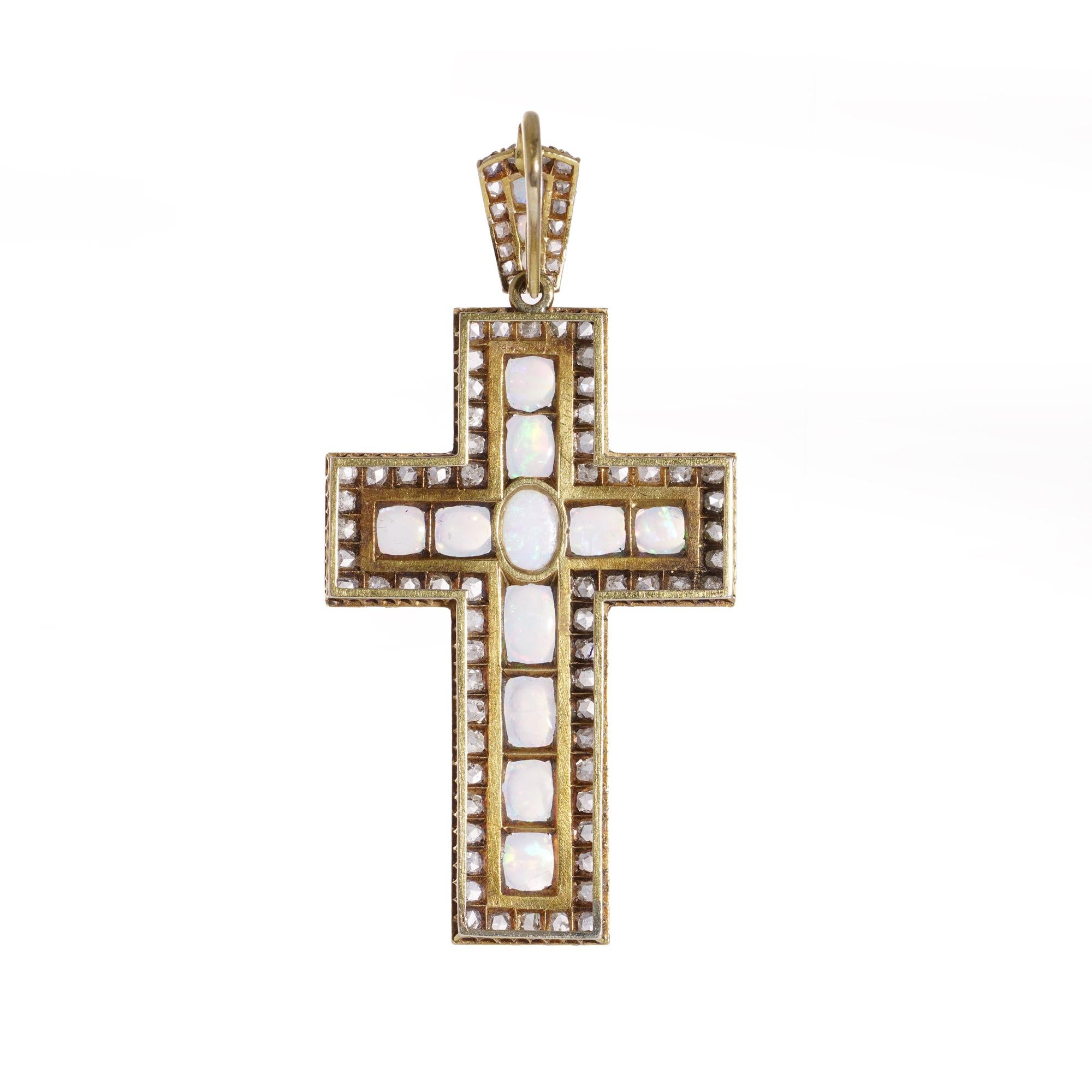 Antique 19th Century 20kt. yellow gold rose-cut diamond and opal cross pendant For Sale 4