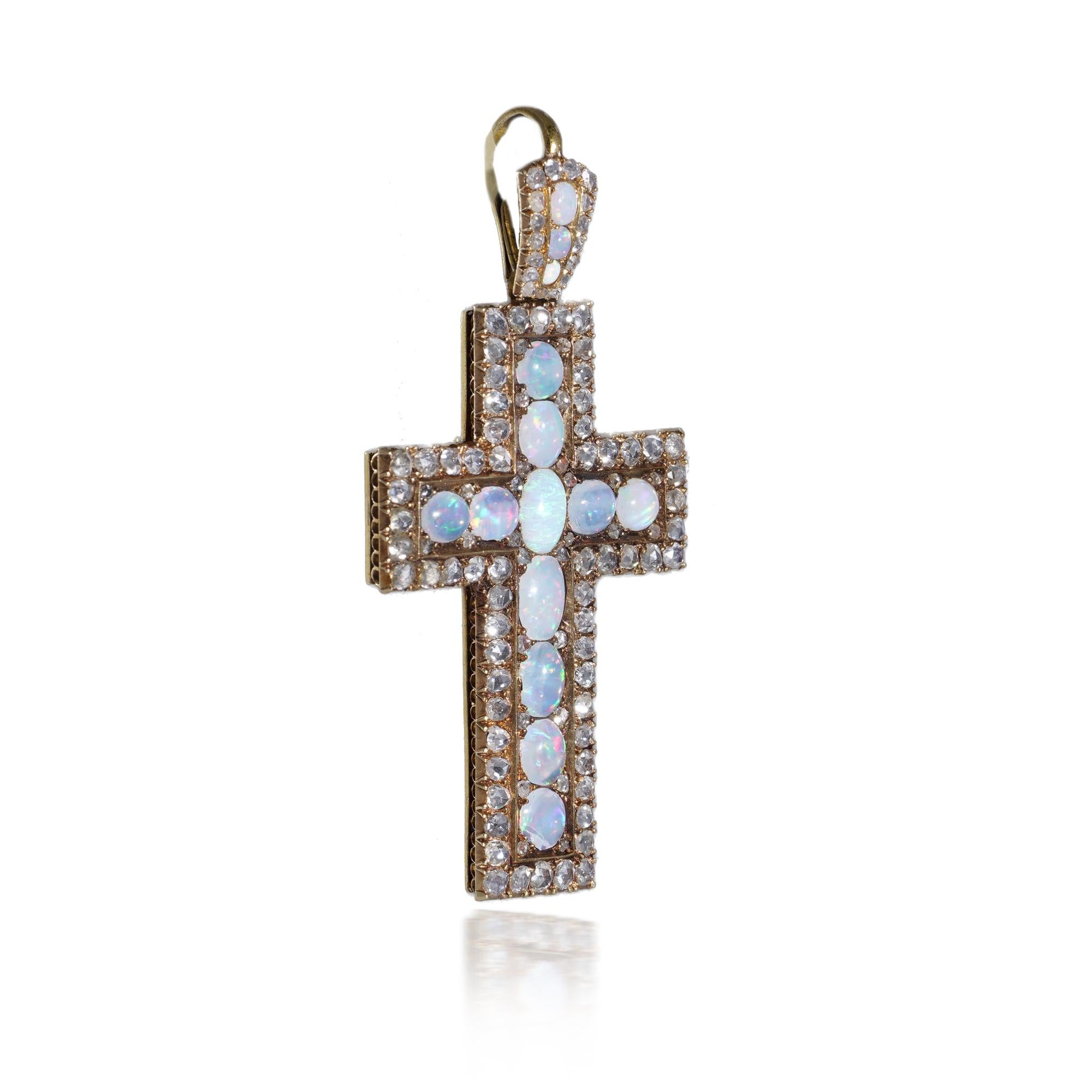 Antique 19th Century 20kt. yellow gold rose-cut diamond and opal cross pendant For Sale 5
