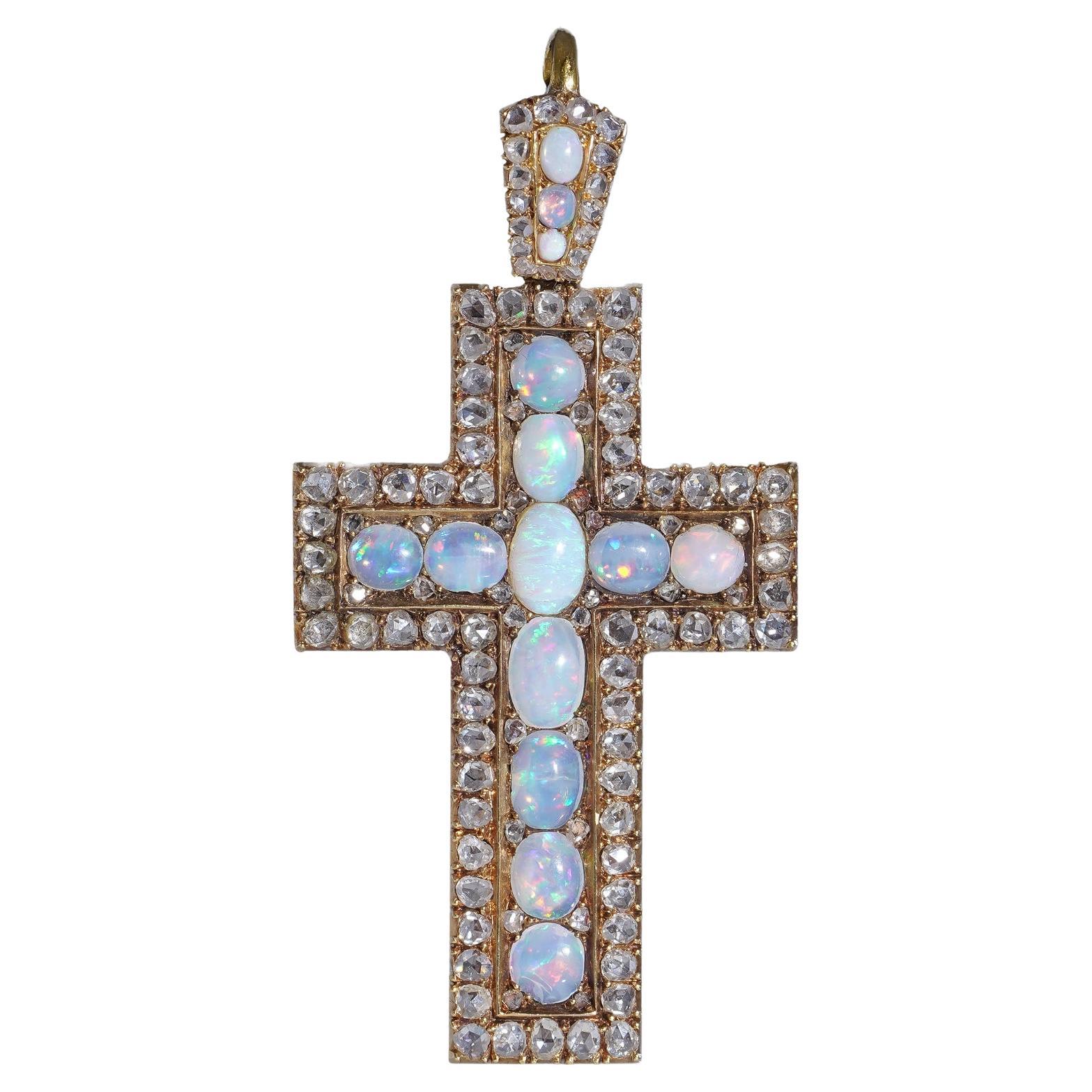 Pendentif croix ancien du 19ème siècle en or jaune 20 carats, diamant taille rose et opale