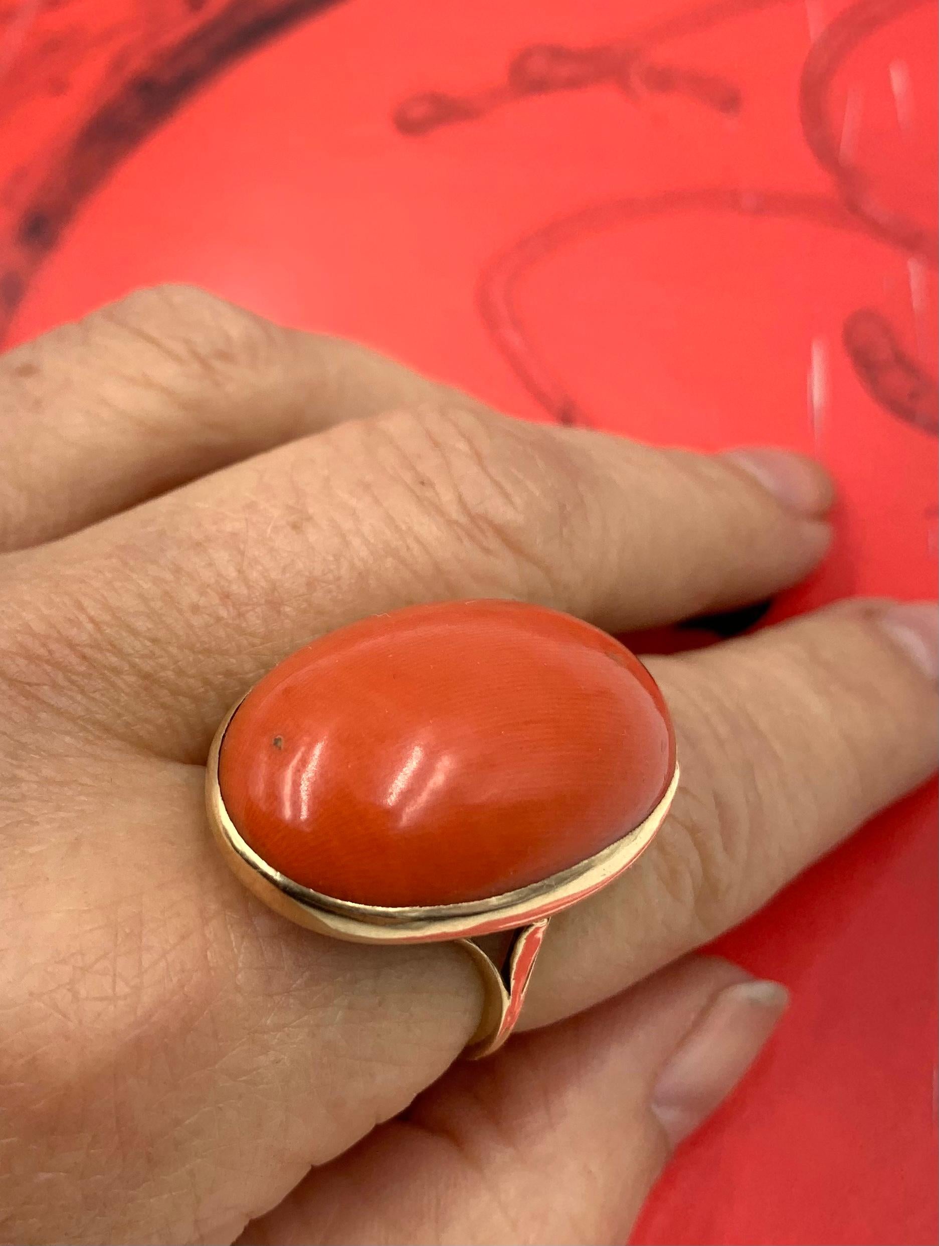 Cabochon Antique 19th Century 43.5 TCW Oval Natural Red Coral 14k Yellow Gold Ring For Sale