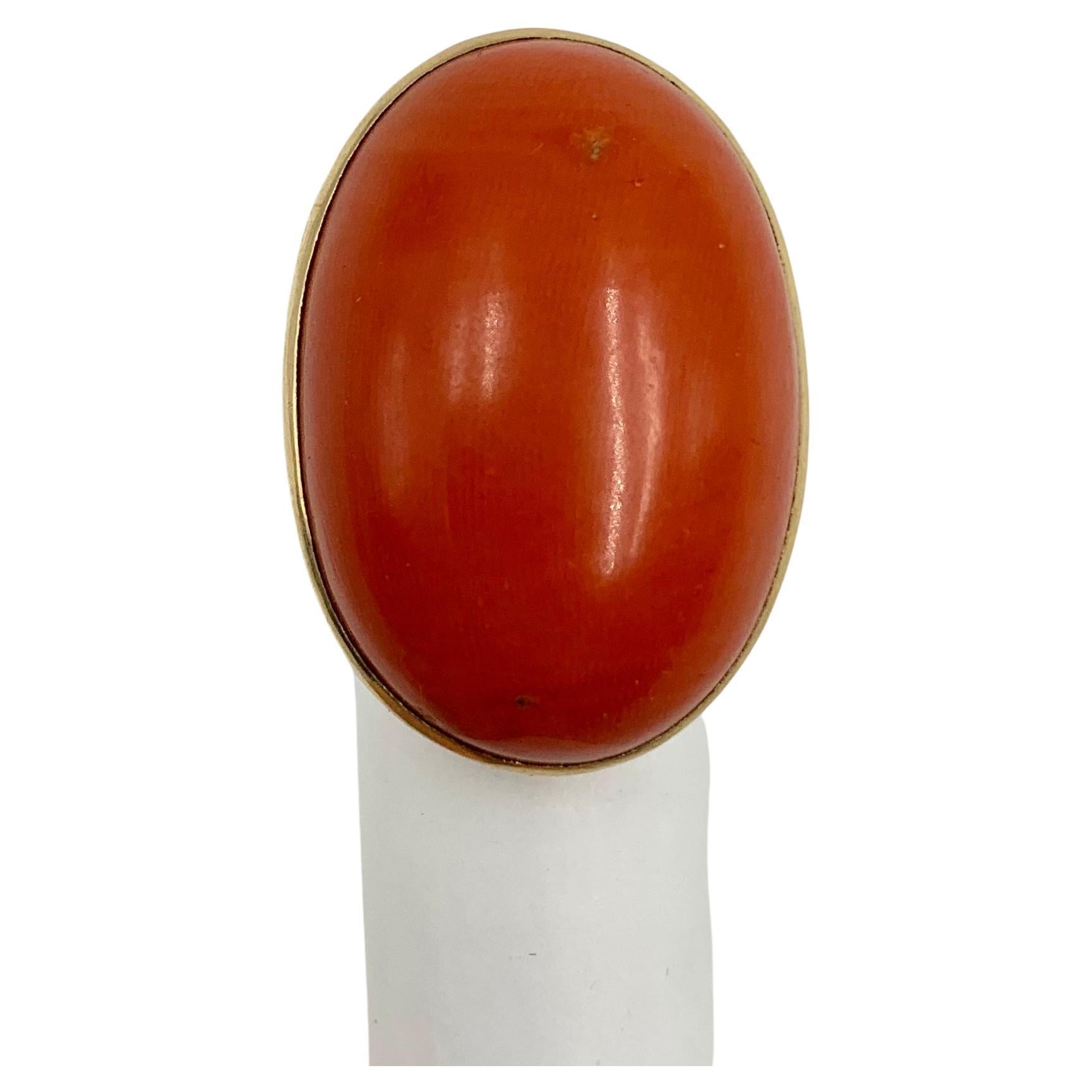 Antique 19th Century 43.5 TCW Oval Natural Red Coral 14k Yellow Gold Ring For Sale