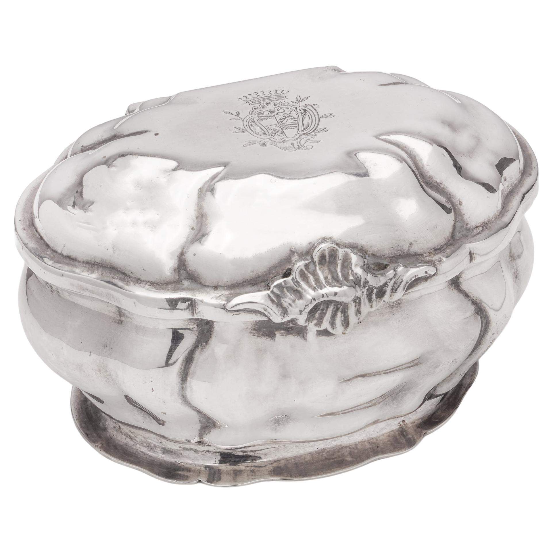 Antique 19th century 800. German silver small oval Tea Caddy with Hanau marks For Sale