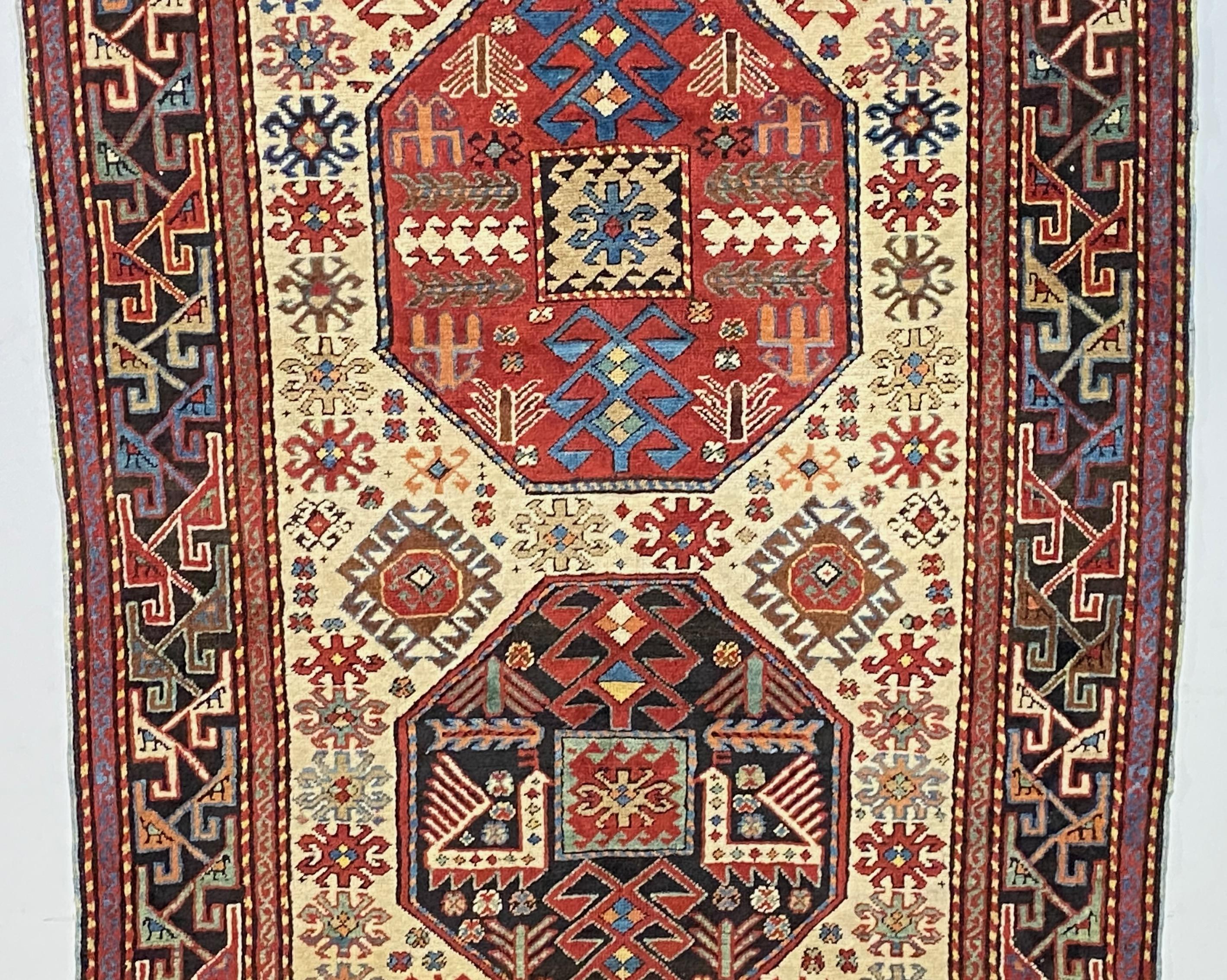 Hand-Knotted Antique 19th Century Akstafa Runner Dated 1876 For Sale