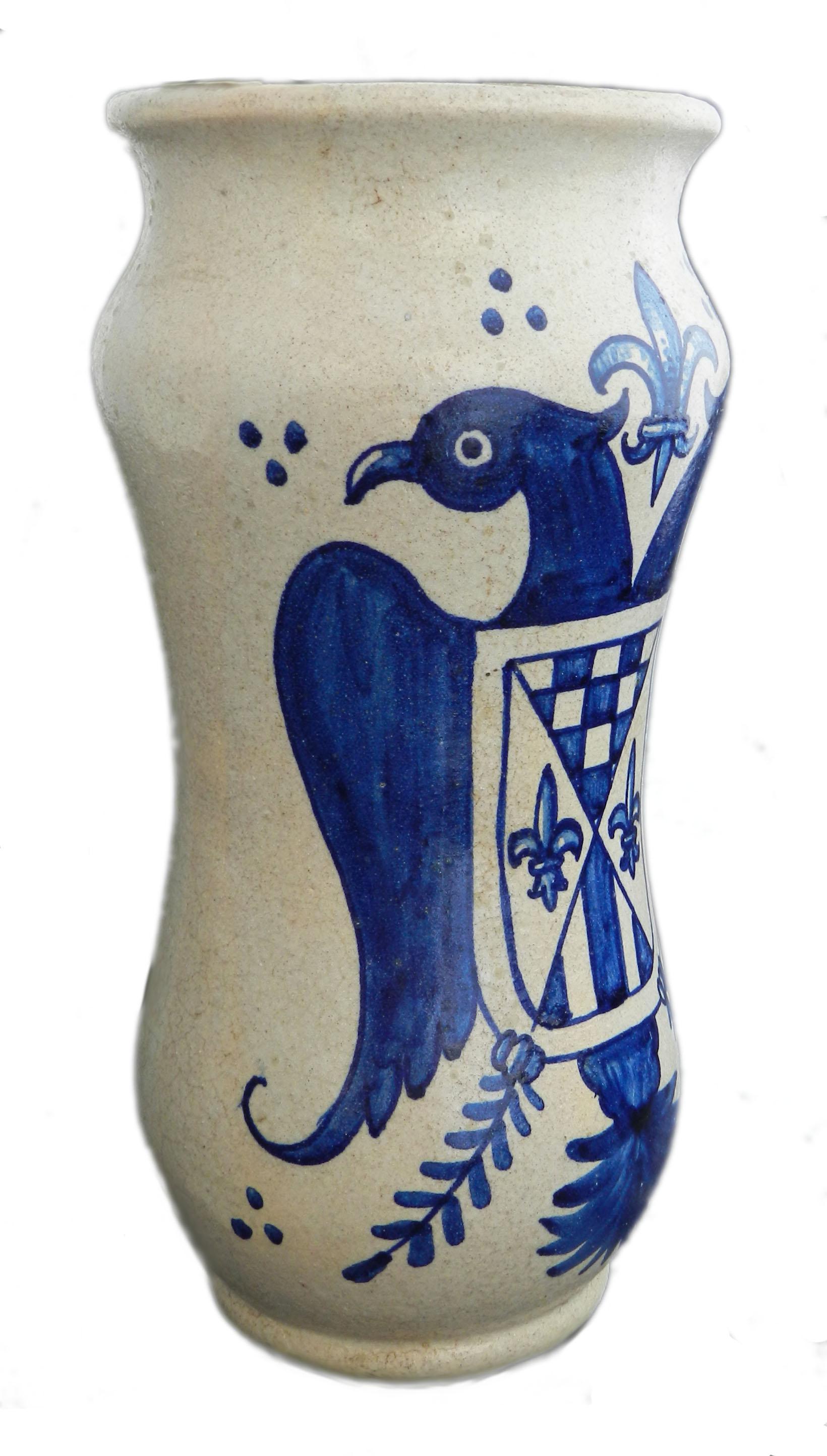 19th century Albarello Jar 
Double Eagle design
Albarello or Pharmacy Jar  
An albarello is a type of maiolica earthenware jar, originally a medicinal jar designed to hold apothecaries' ointments and dry drugs. The development of this type of