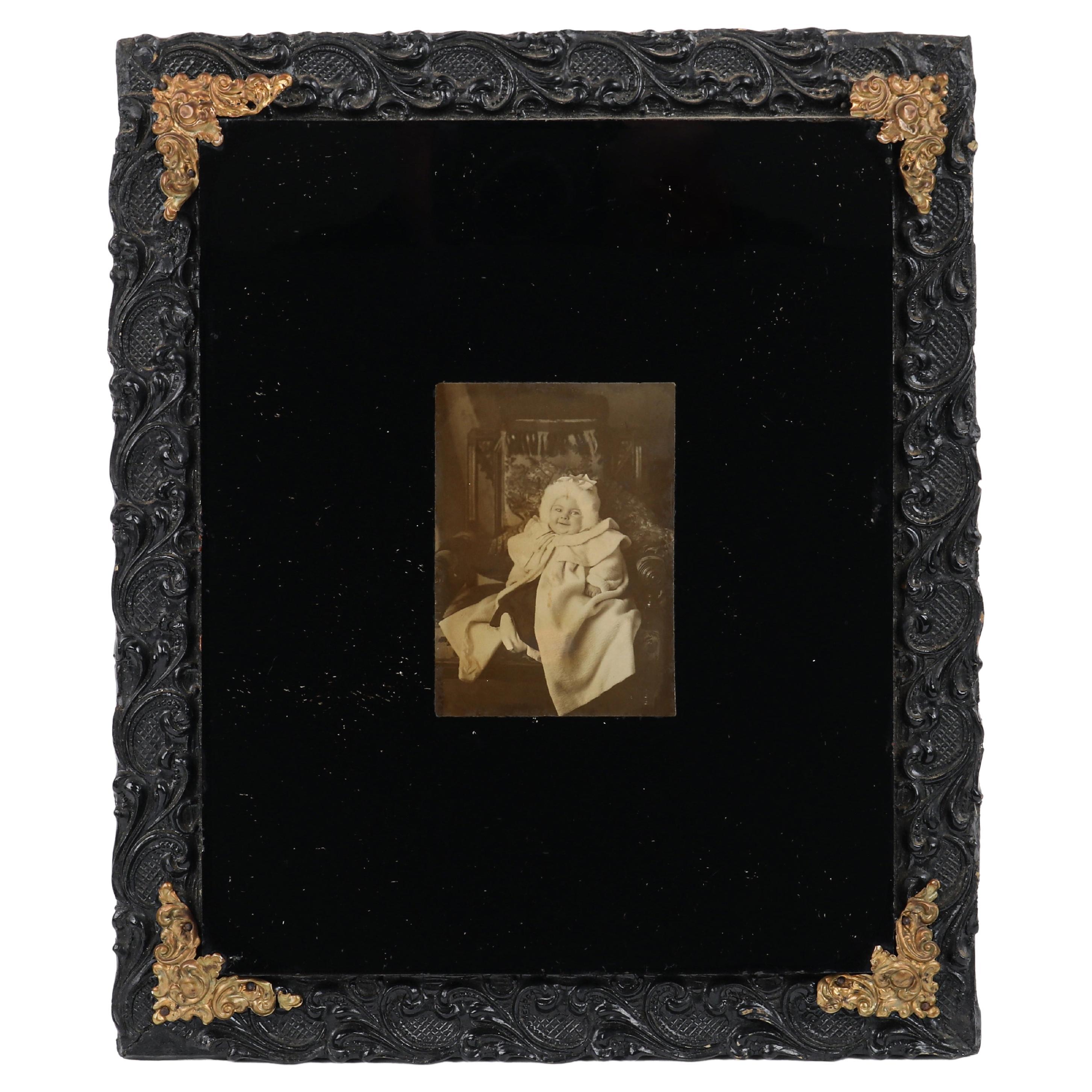 Antique 19th Century Ambrotype Photograph On Painted Glass Ornate Sculpted Frame