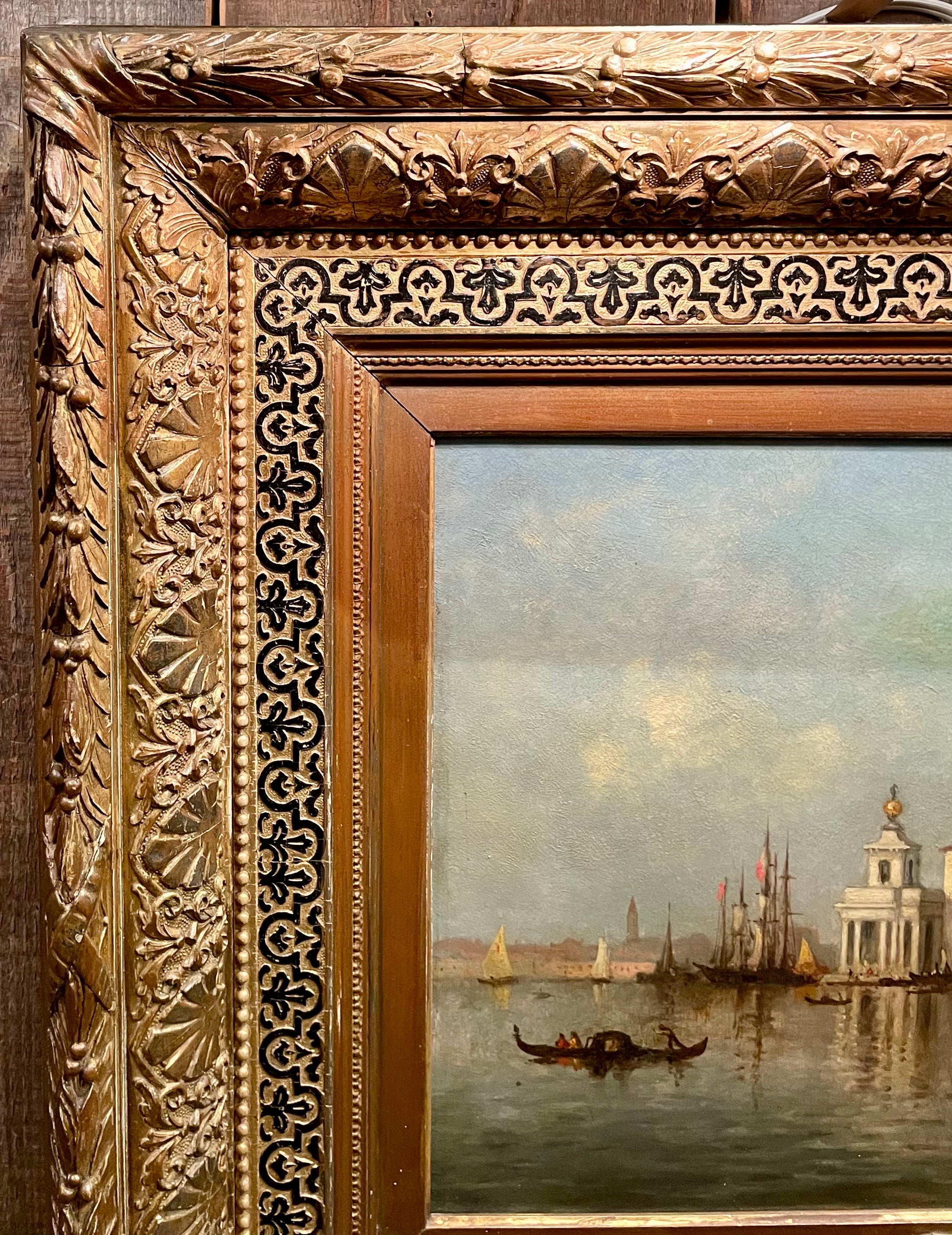 Ancienne huile sur toile américaine encadrée du XIXe siècle représentant la Basilique de Santa Maria à Venise, signée 