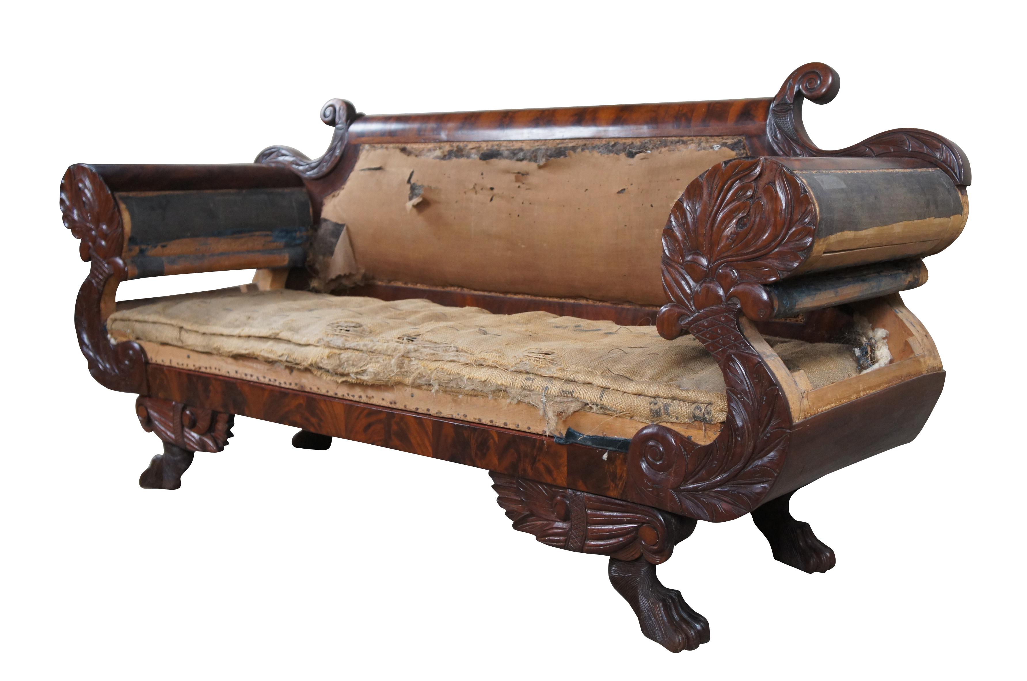 Antique 19th Century American Empire Flame Mahogany Claw Foot Classical Sofa 77