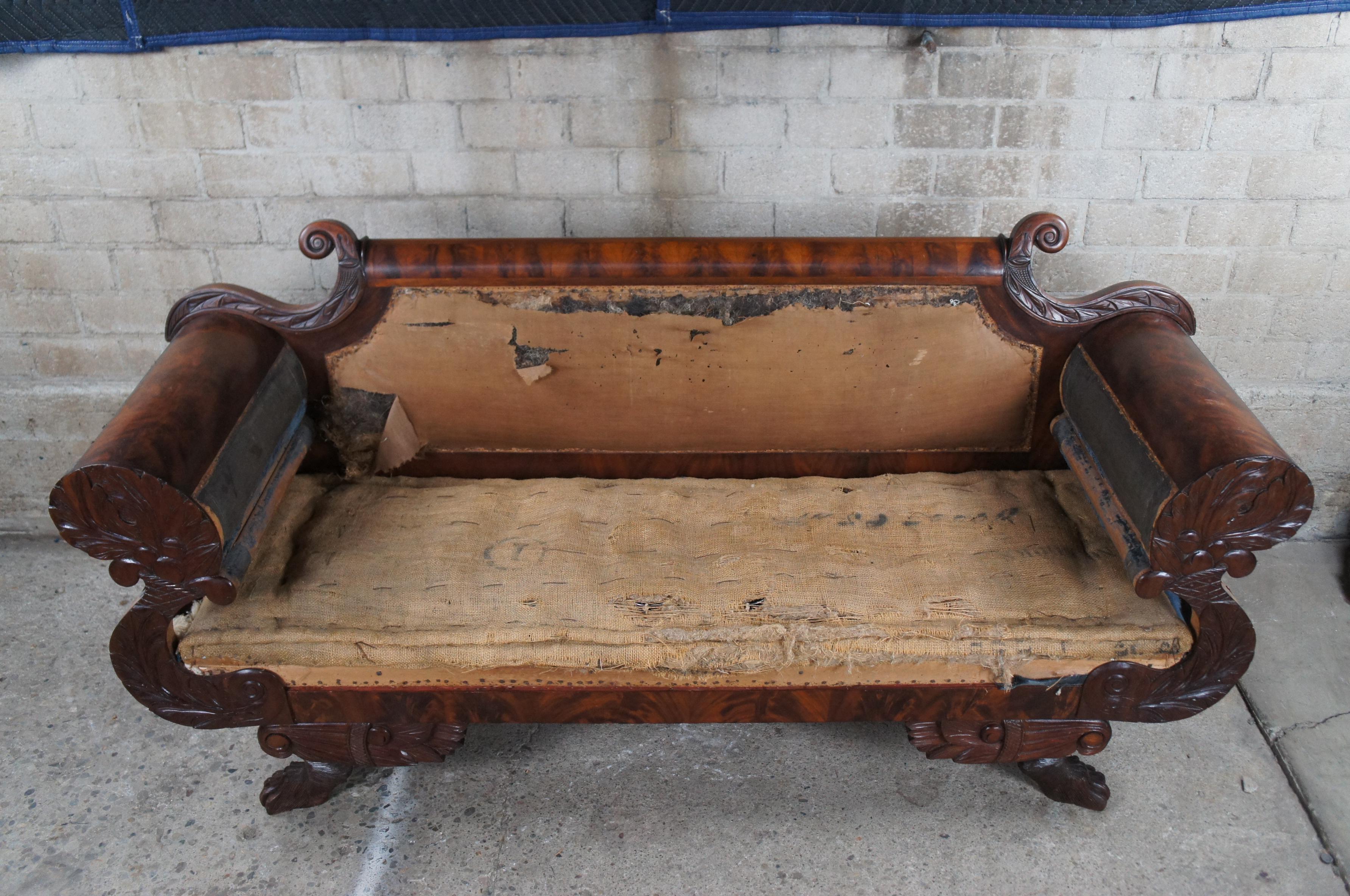 Upholstery Antique 19th Century American Empire Flame Mahogany Claw Foot Classical Sofa 77