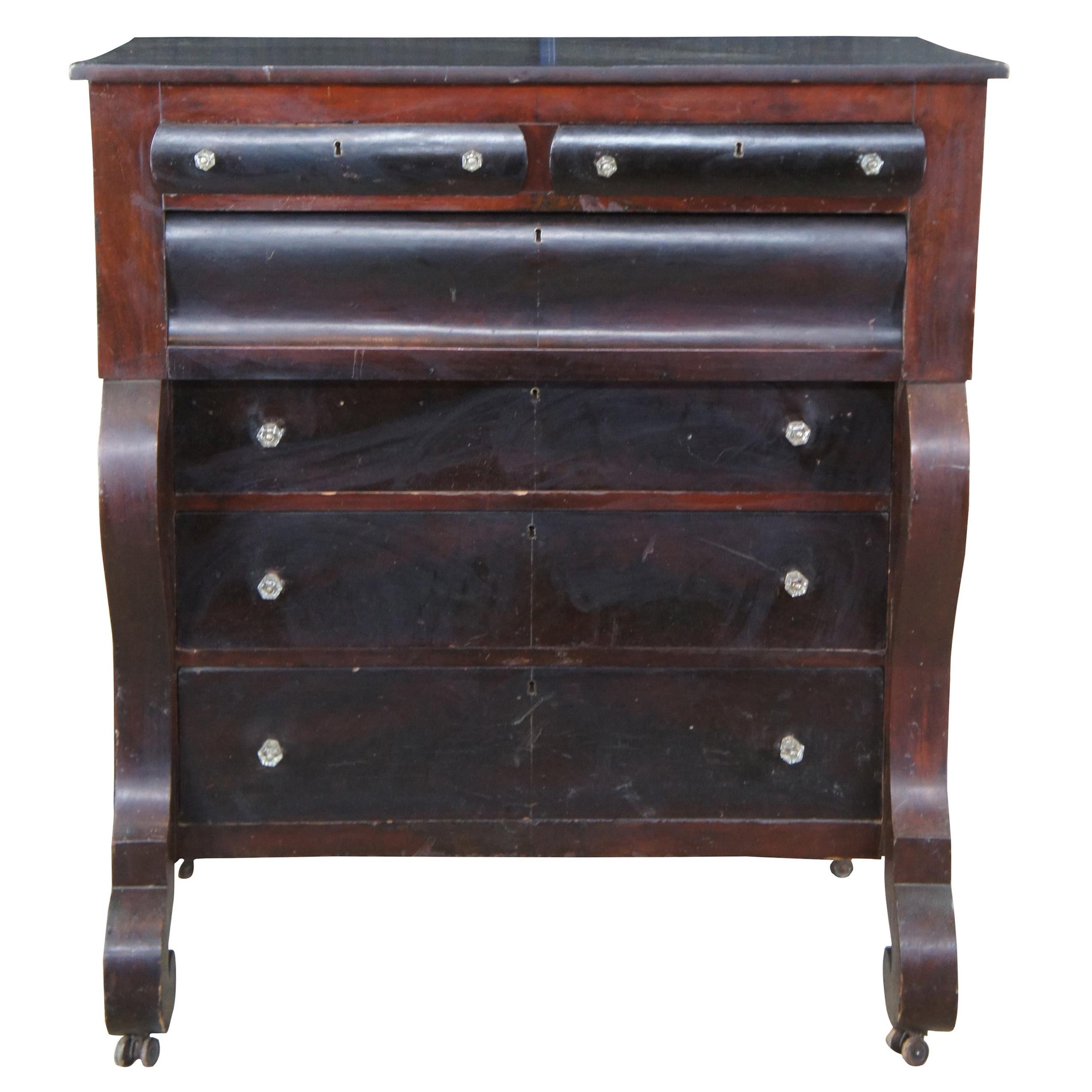 Antique 19th Century American Empire Walnut Tallboy Dresser Chest of Drawers