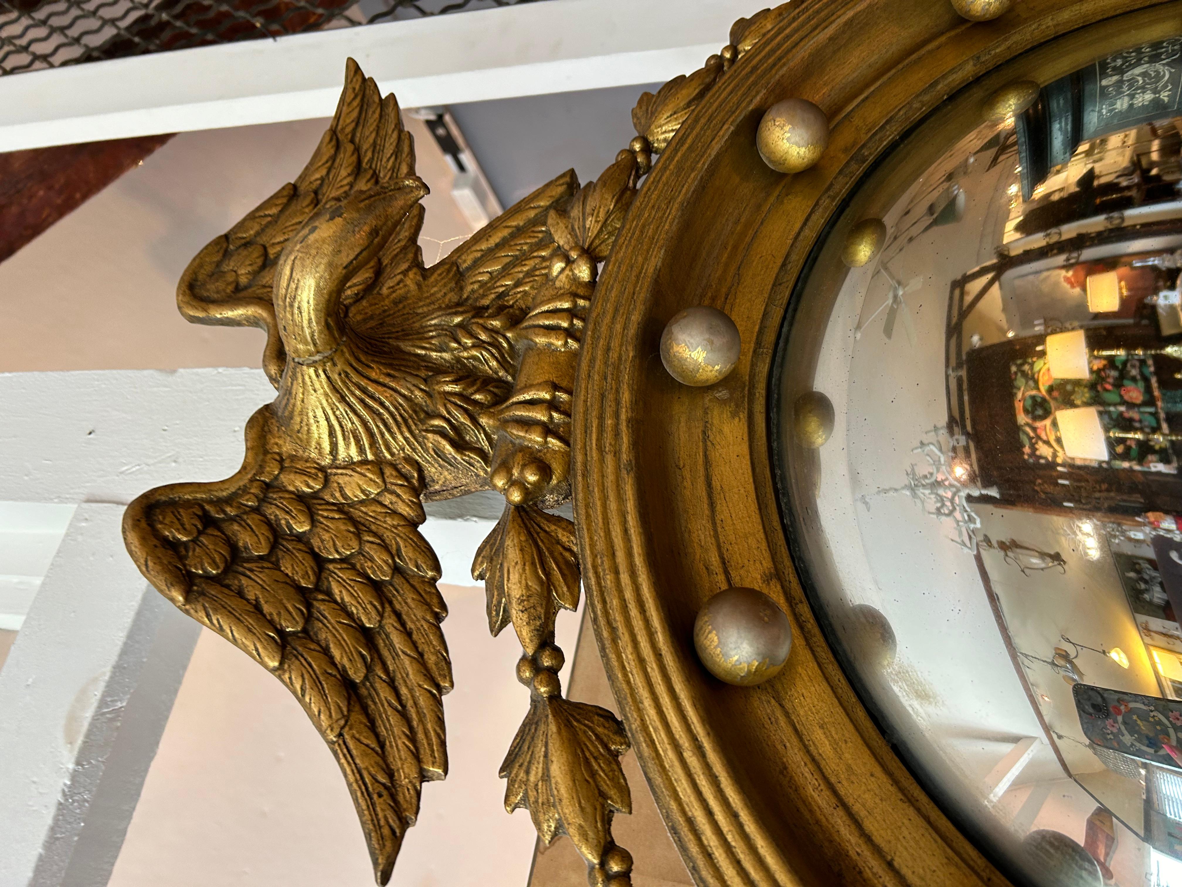 Antique 19th Century American Federal Giltwood Eagle Bullseye Convex Mirror For Sale 5
