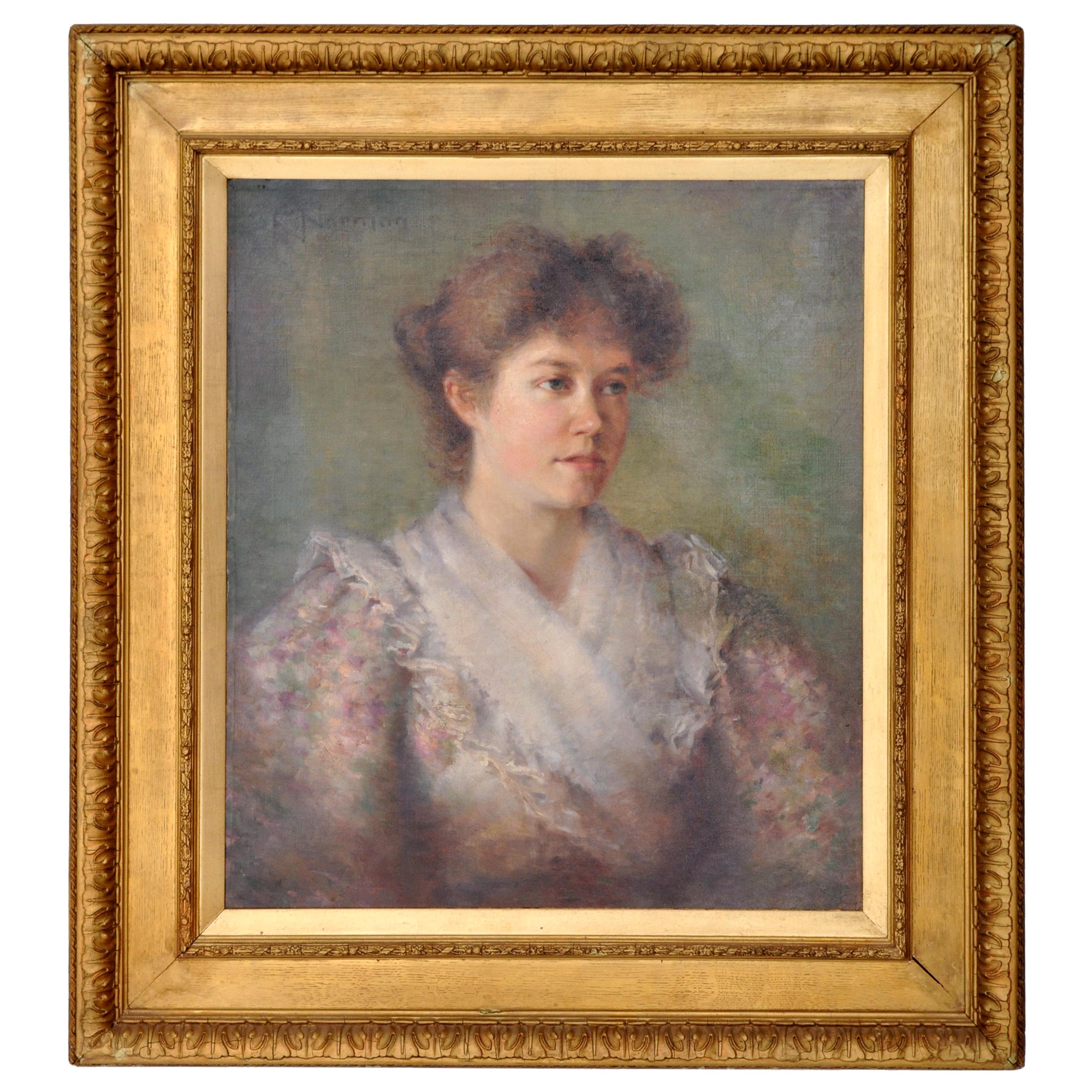 Antique 19th Century American Impressionist Female Portrait Painting, circa 1890