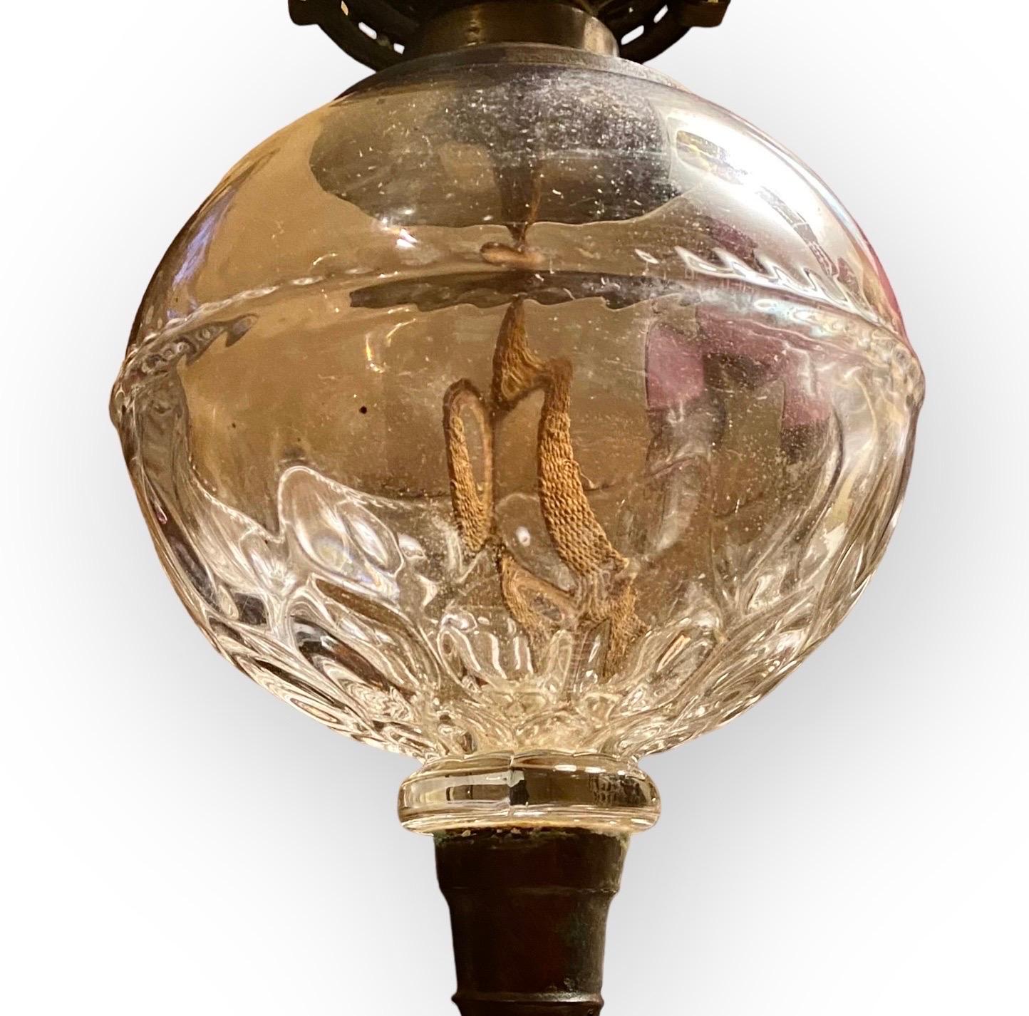 Brass Antique 19th Century American Milk Glass Oil Lamp  For Sale