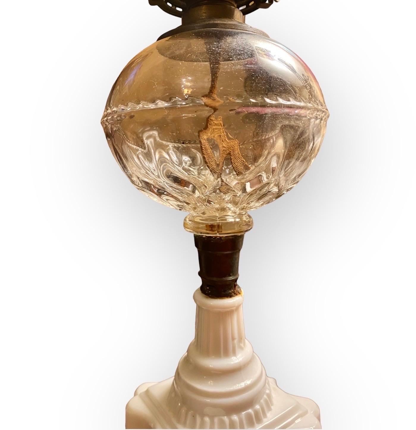 Brass Antique 19th Century American Milk Glass Oil Lamp  For Sale