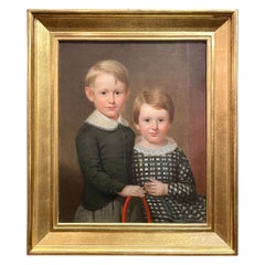 Antique 19th Century American Oil on Canvas Portrait Painting of Two Children.