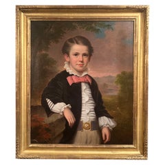 Antique 19th Century American "Portrait Of A Boy" Framed Oil Painting on Canvas.