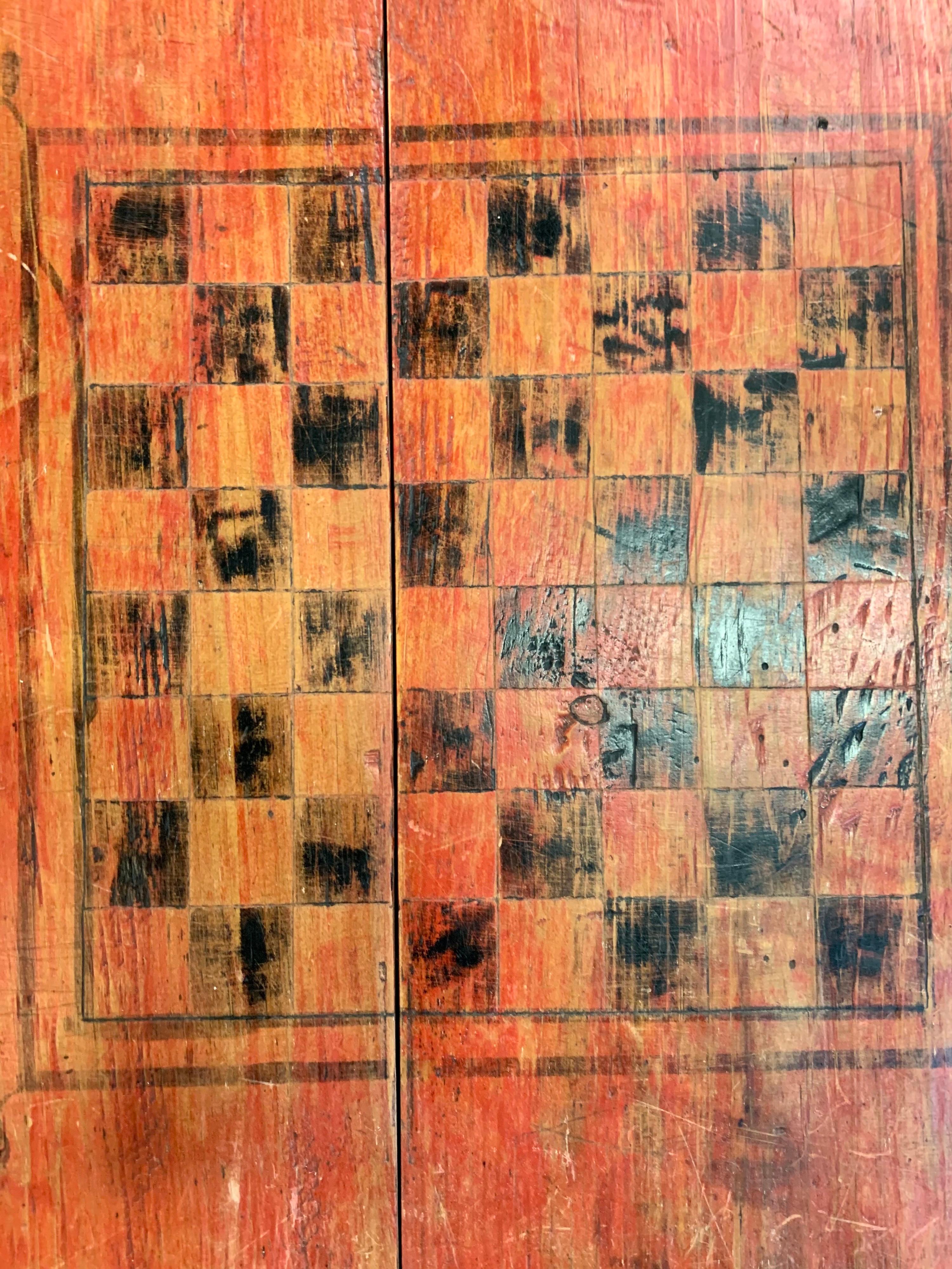 Wood Antique 19th Century American Primitive Red Painted Game Table Chess