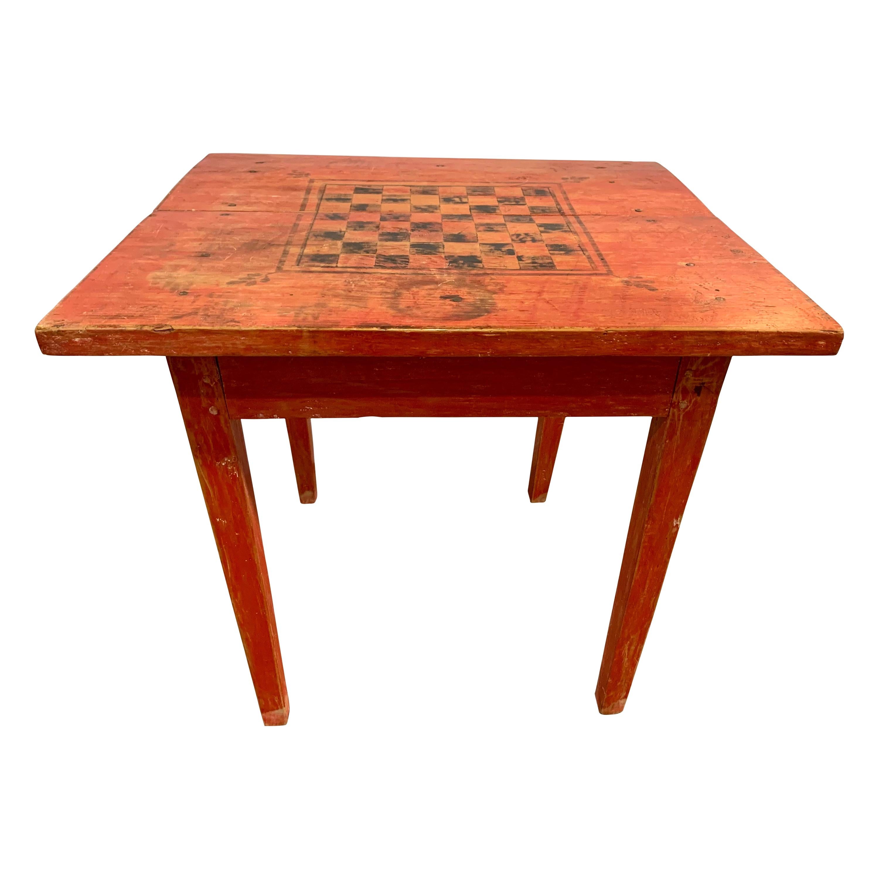 Antique 19th Century American Primitive Red Painted Game Table Chess