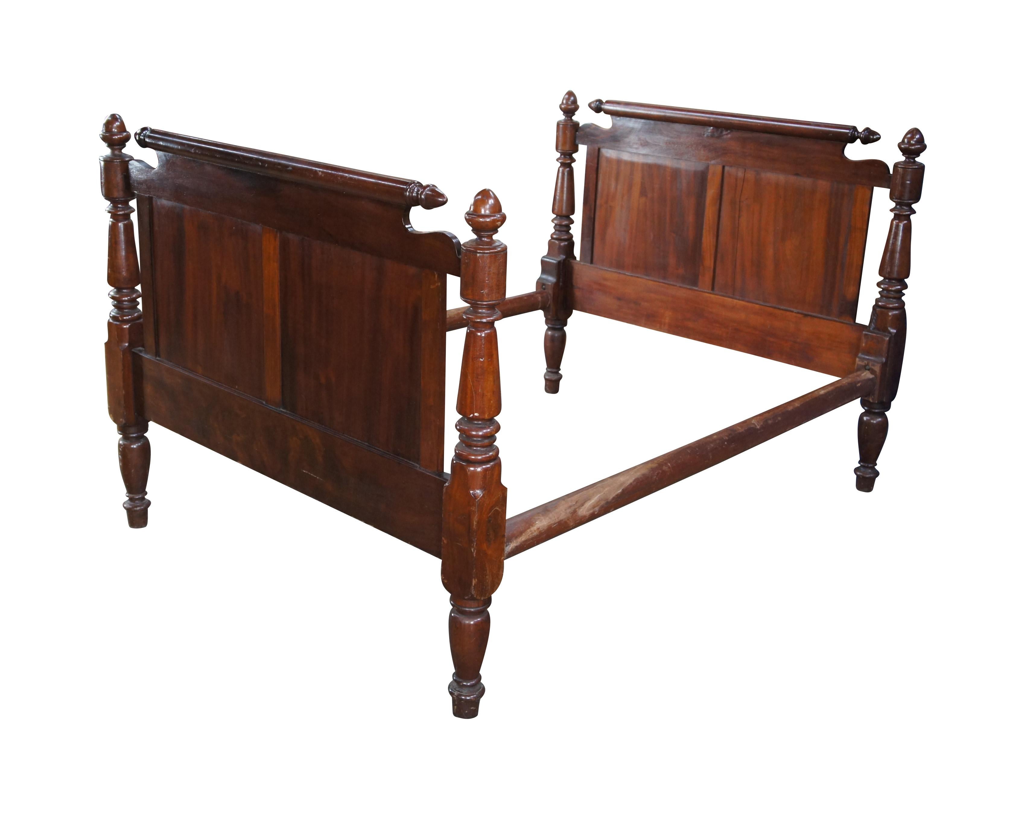 Early 19th century Sheraton Period poster bed.  Made from mahogany with hand turned posts and acorn finials.  Unique mechanism allows slats turn into place via wooden thread.  Can be used with a full size mattress.  Supports or plywood will need to