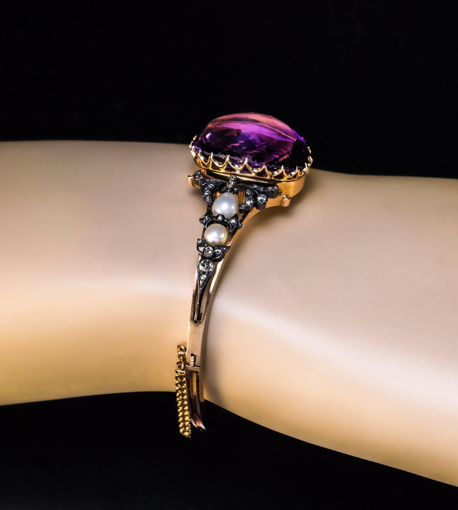 Victorian Antique 19th Century Amethyst Pearl Diamond Bangle Bracelet