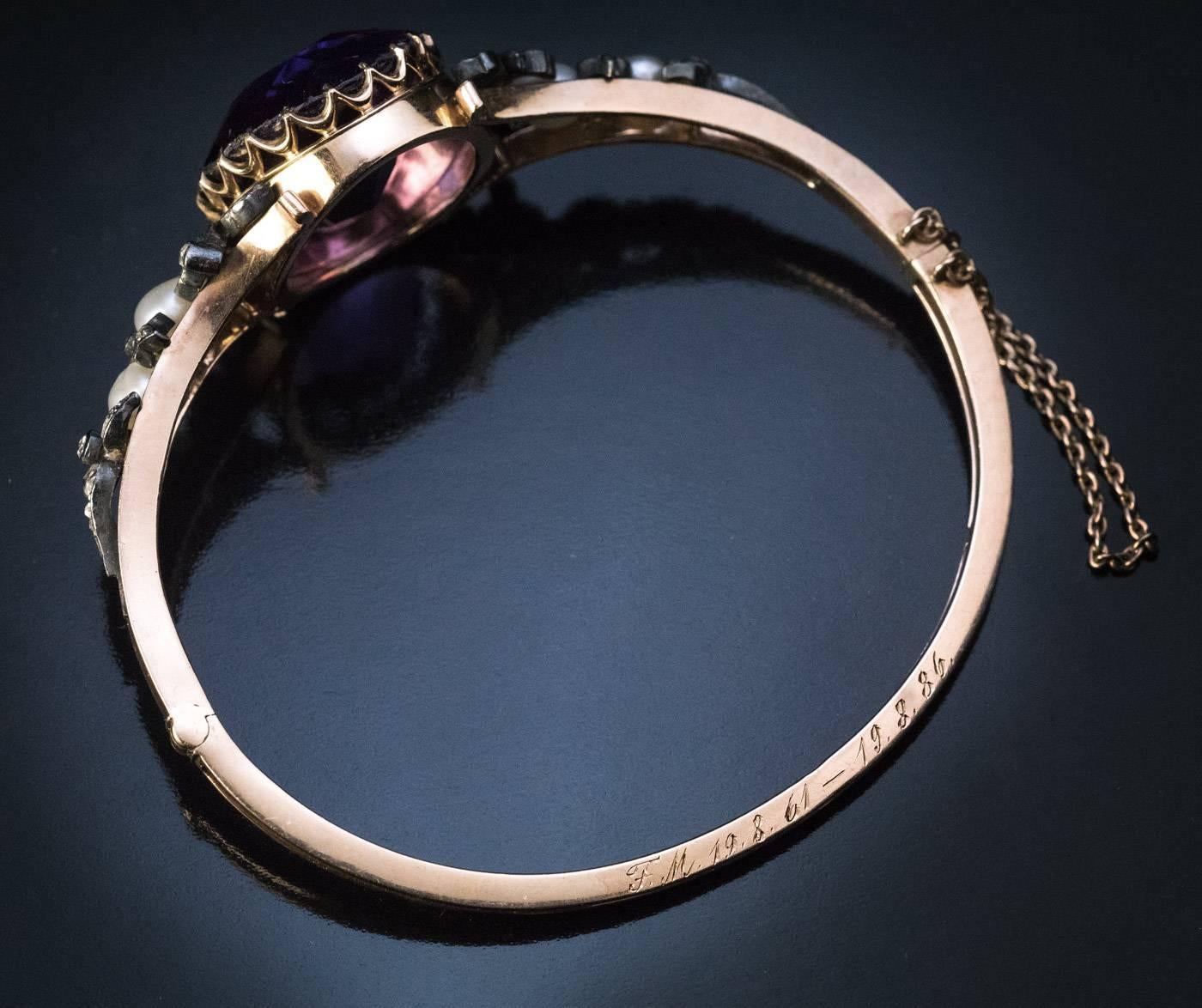 Women's Antique 19th Century Amethyst Pearl Diamond Bangle Bracelet
