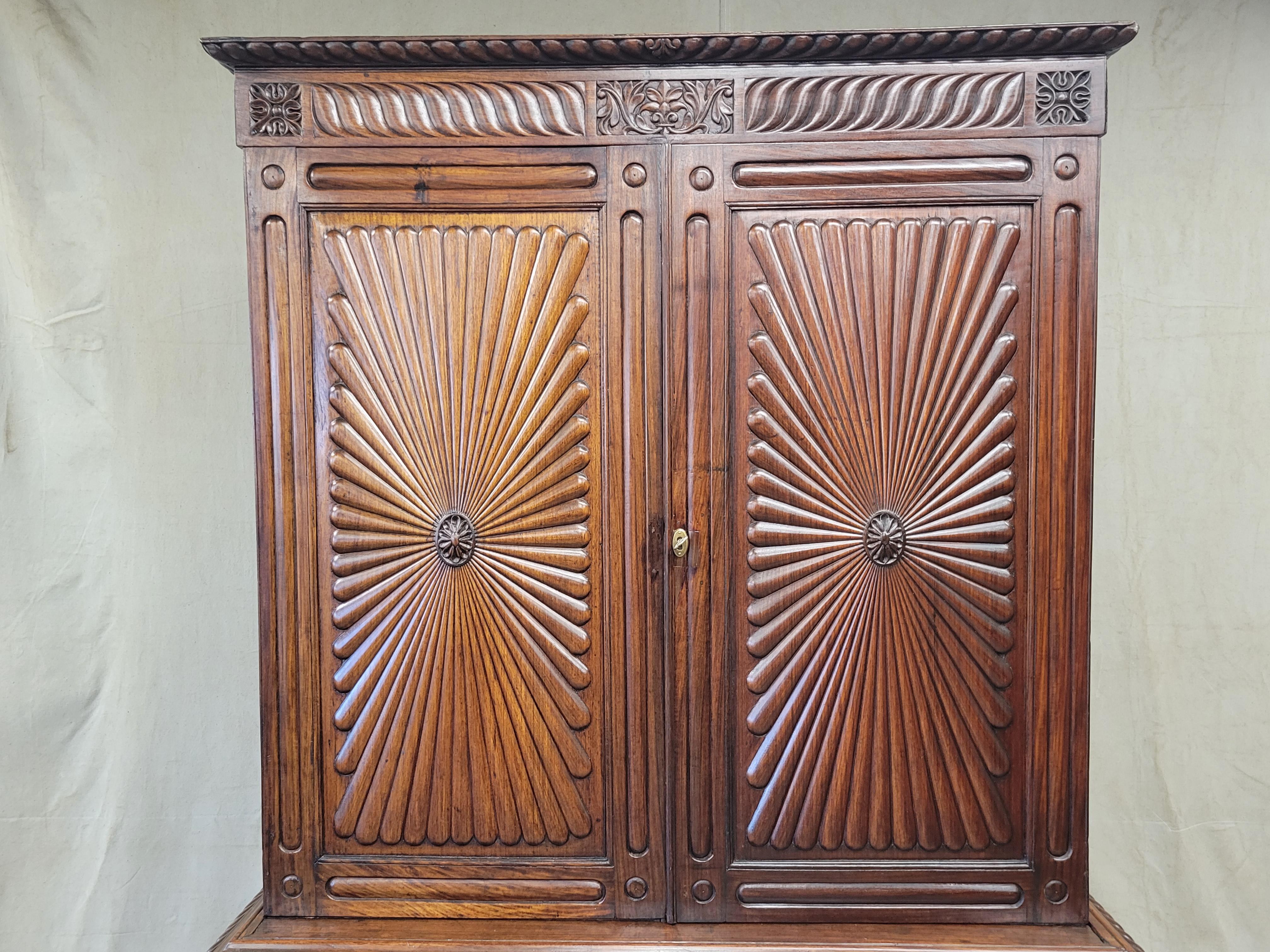 Hand-Carved Antique 19th Century Anglo-Indian British Colonial Rosewood Linen Press Cabinet