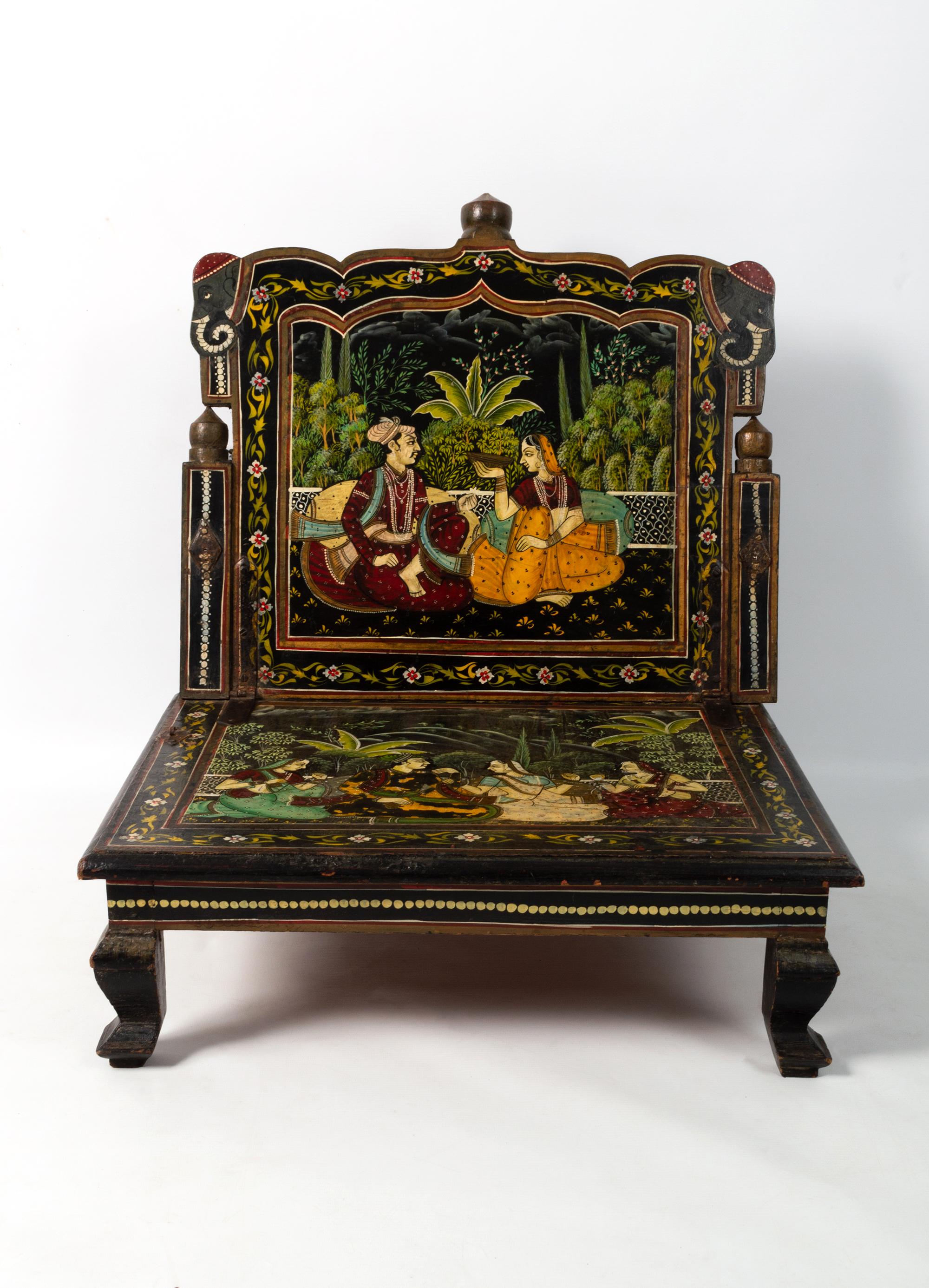 Anglo Raj Antique Anglo-Indian Rajasthani Painted Mughal Scene Folding Chair For Sale