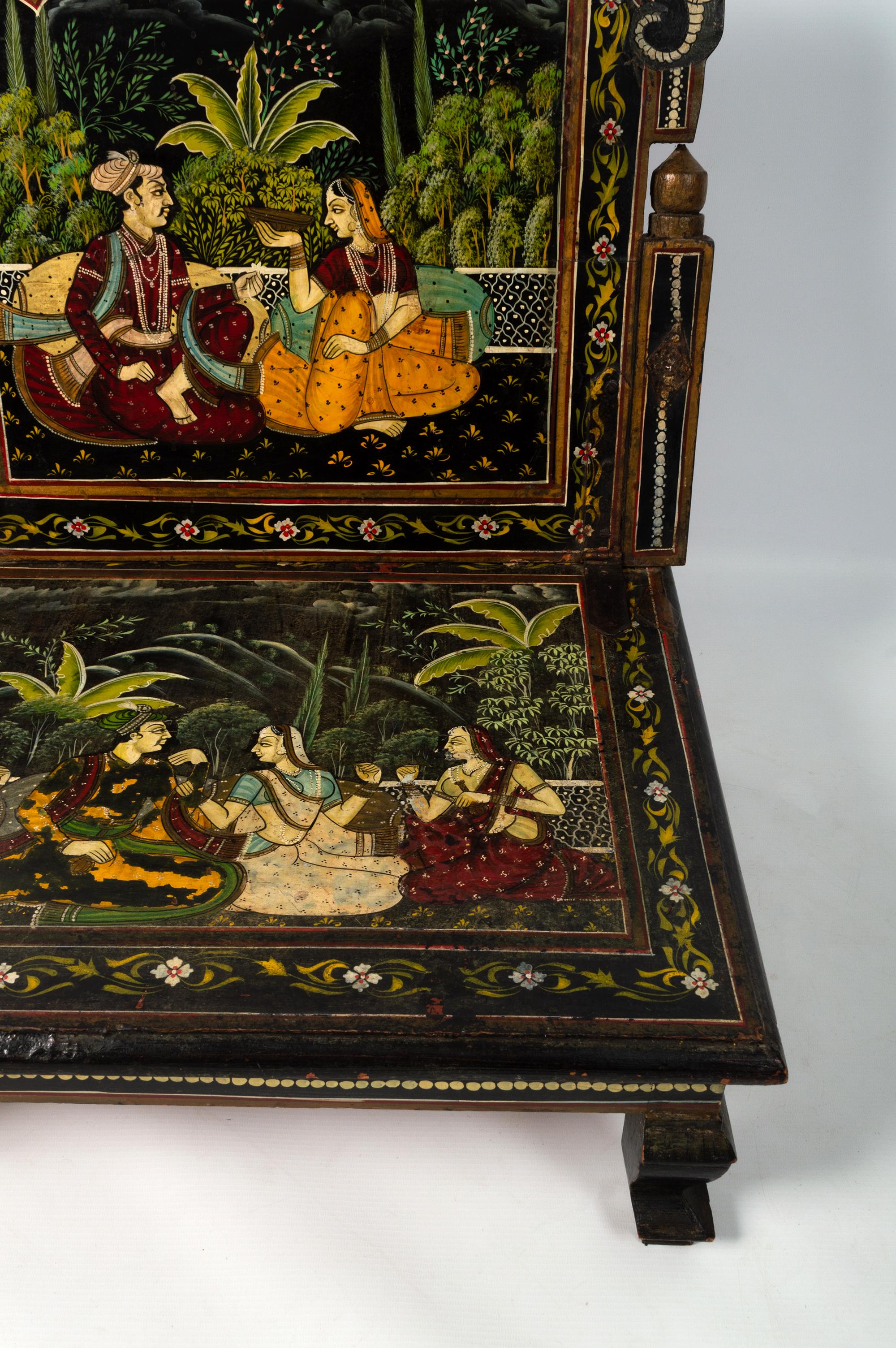 Early 20th Century Antique Anglo-Indian Rajasthani Painted Mughal Scene Folding Chair For Sale