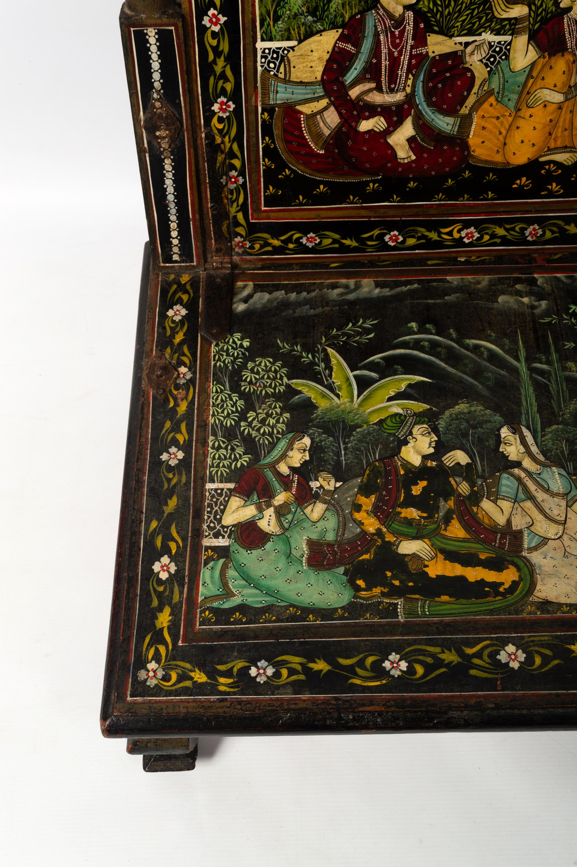 Wood Antique Anglo-Indian Rajasthani Painted Mughal Scene Folding Chair For Sale