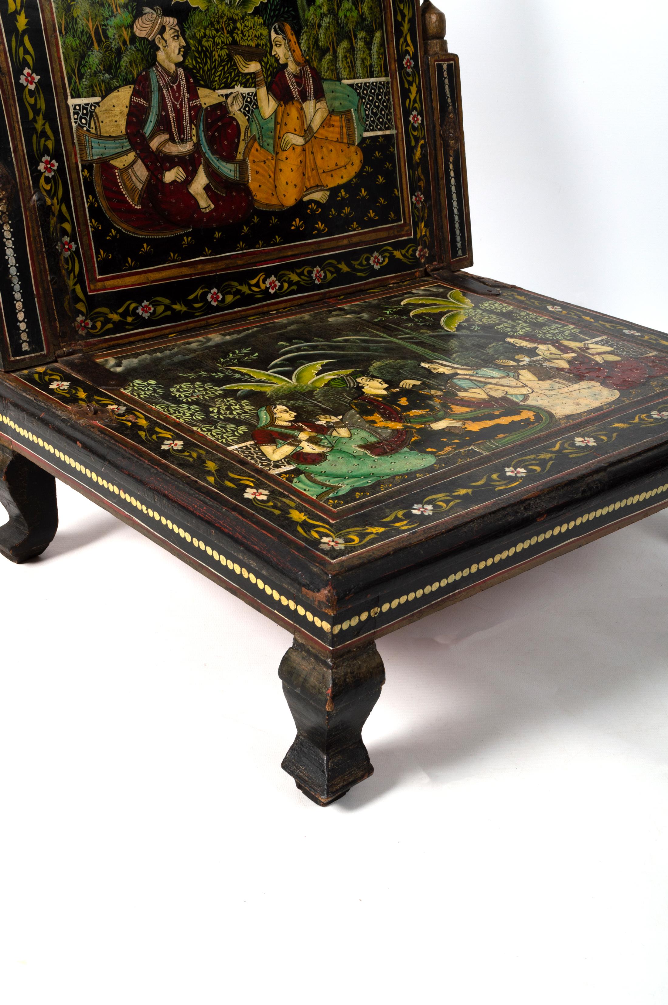 Antique Anglo-Indian Rajasthani Painted Mughal Scene Folding Chair For Sale 2