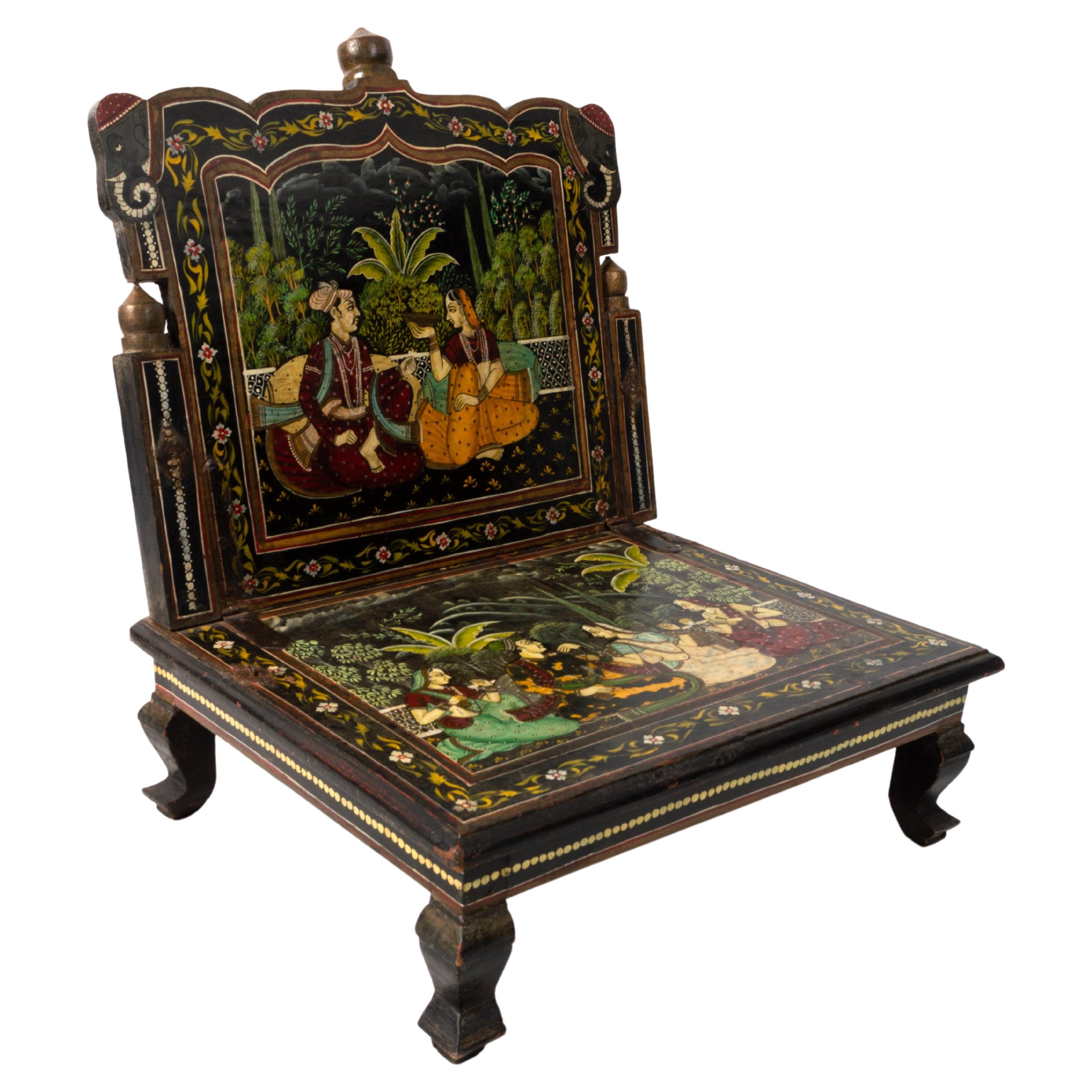 Antique Anglo-Indian Rajasthani Painted Mughal Scene Folding Chair For Sale