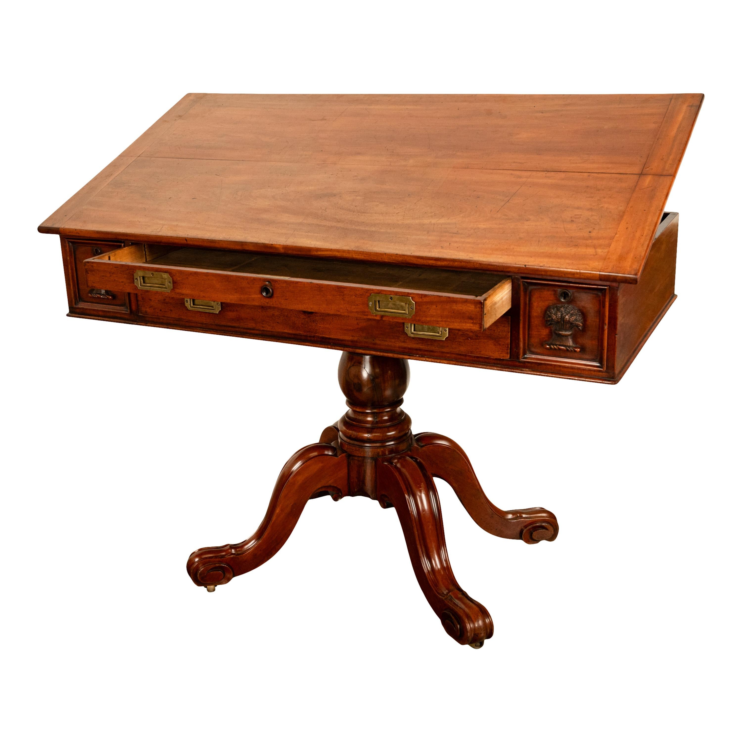 Victorian Antique 19th Century Architect's Mahogany Pedestal Desk Drafting Table 1870 For Sale