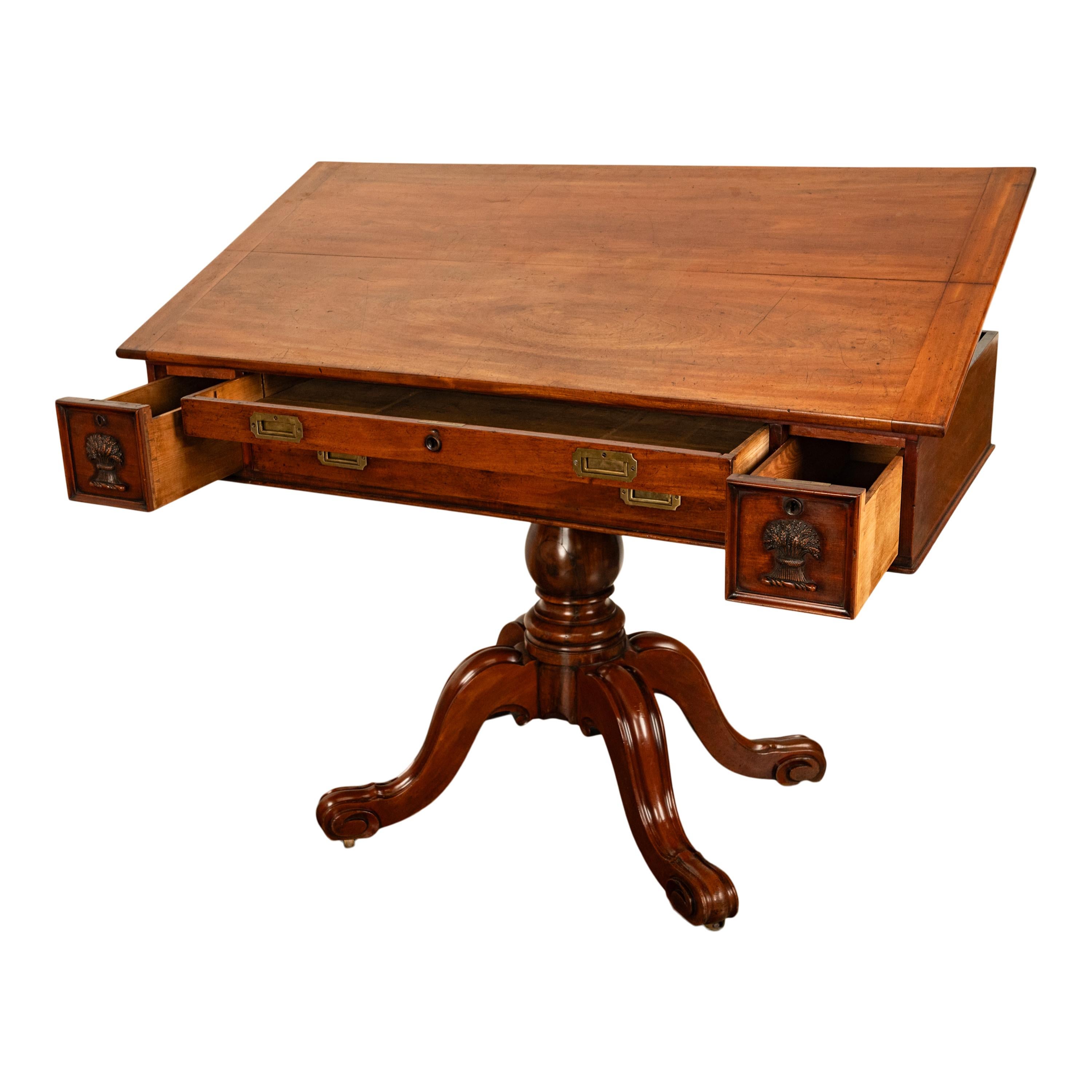 English Antique 19th Century Architect's Mahogany Pedestal Desk Drafting Table 1870 For Sale