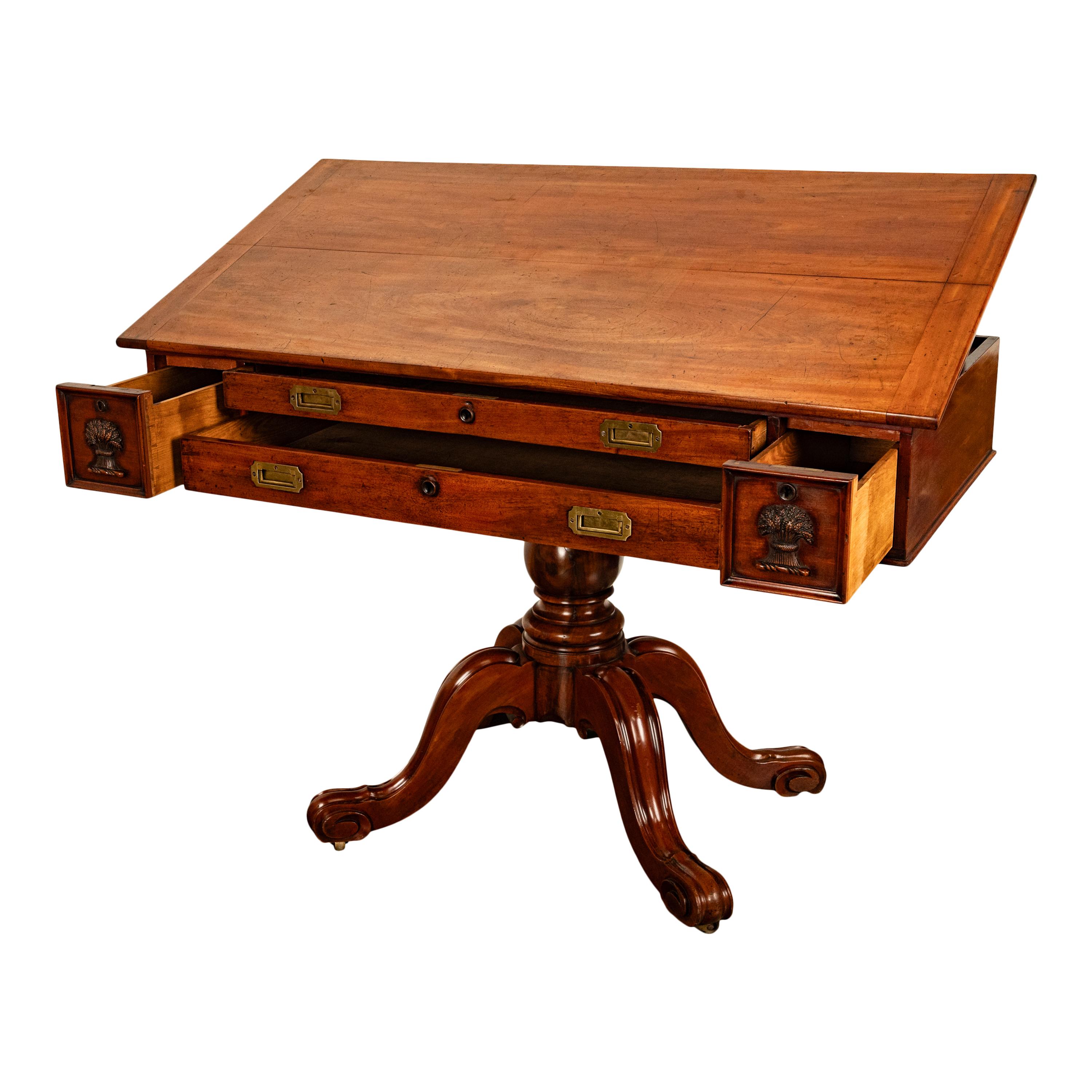 Carved Antique 19th Century Architect's Mahogany Pedestal Desk Drafting Table 1870 For Sale