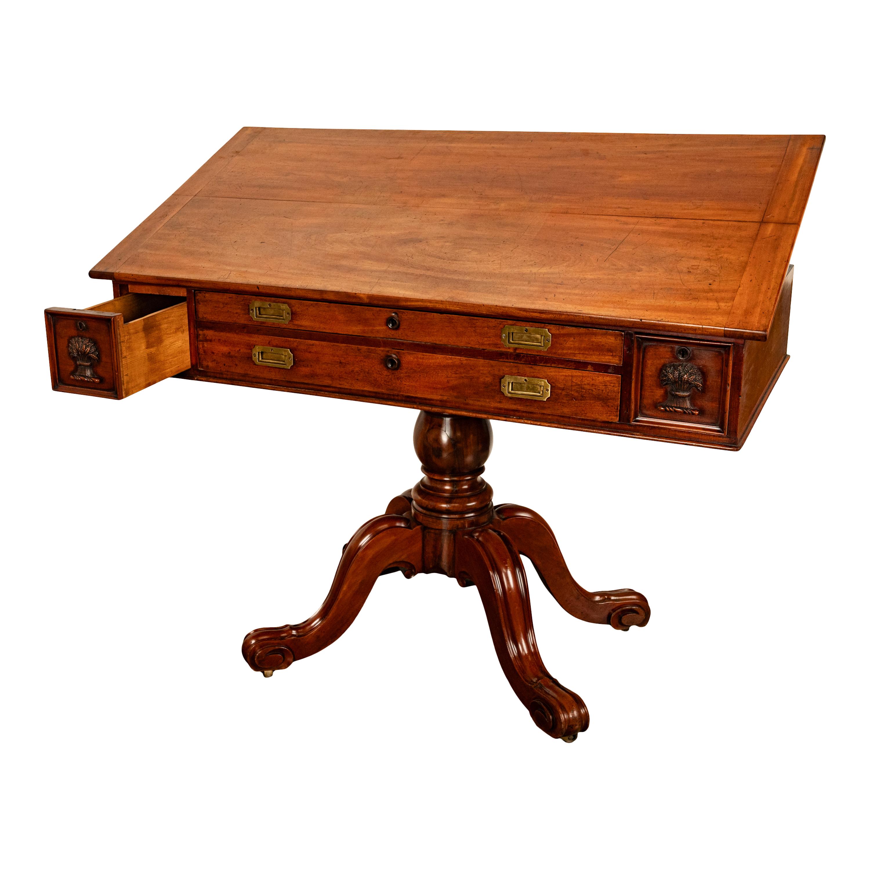 Antique 19th Century Architect's Mahogany Pedestal Desk Drafting Table 1870 In Good Condition For Sale In Portland, OR