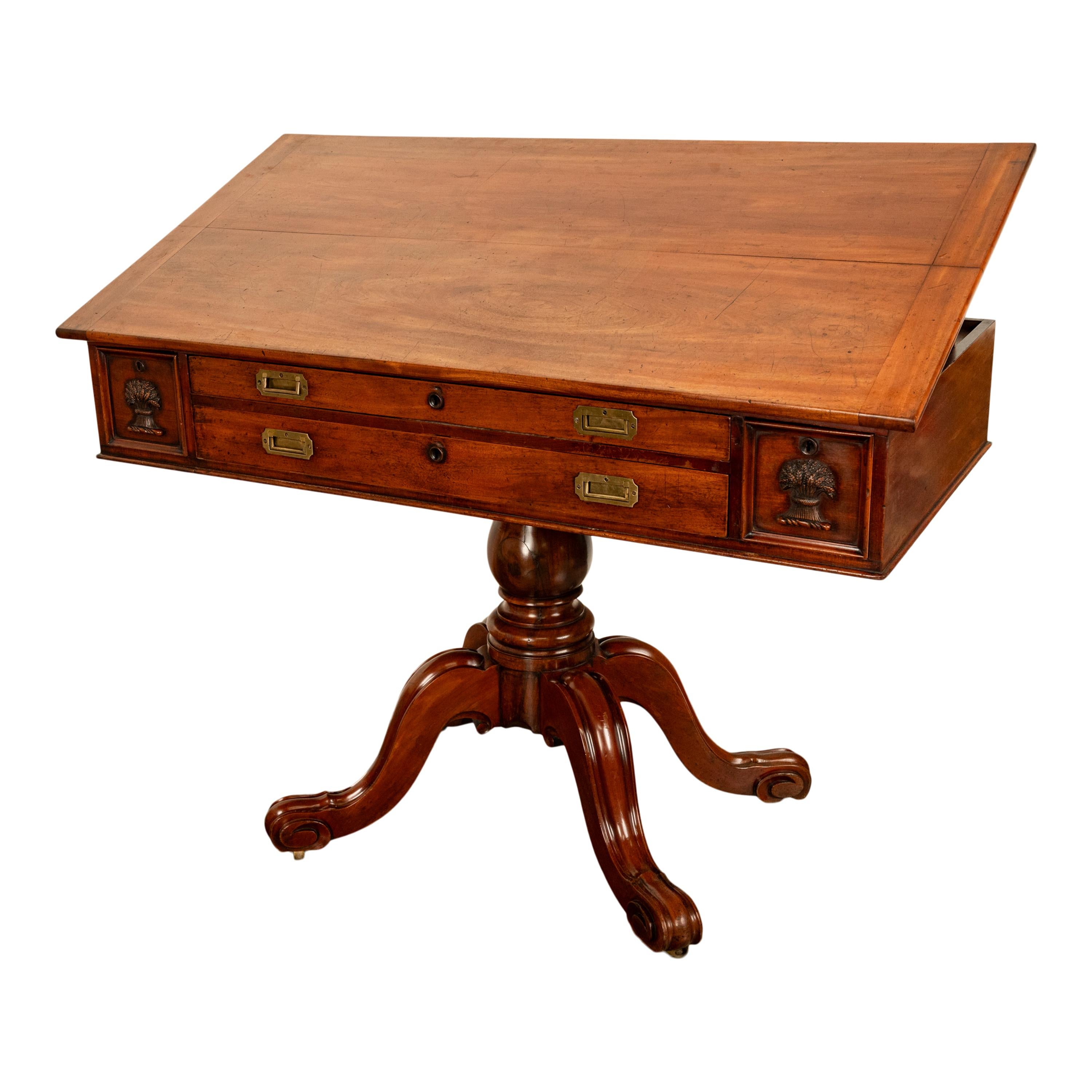Antique 19th Century Architect's Mahogany Pedestal Desk Drafting Table 1870 For Sale