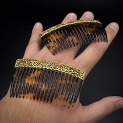 Antique 19th Century Art Nouveau Diamond Ruby Haircombs Yellow Gold Portuguese