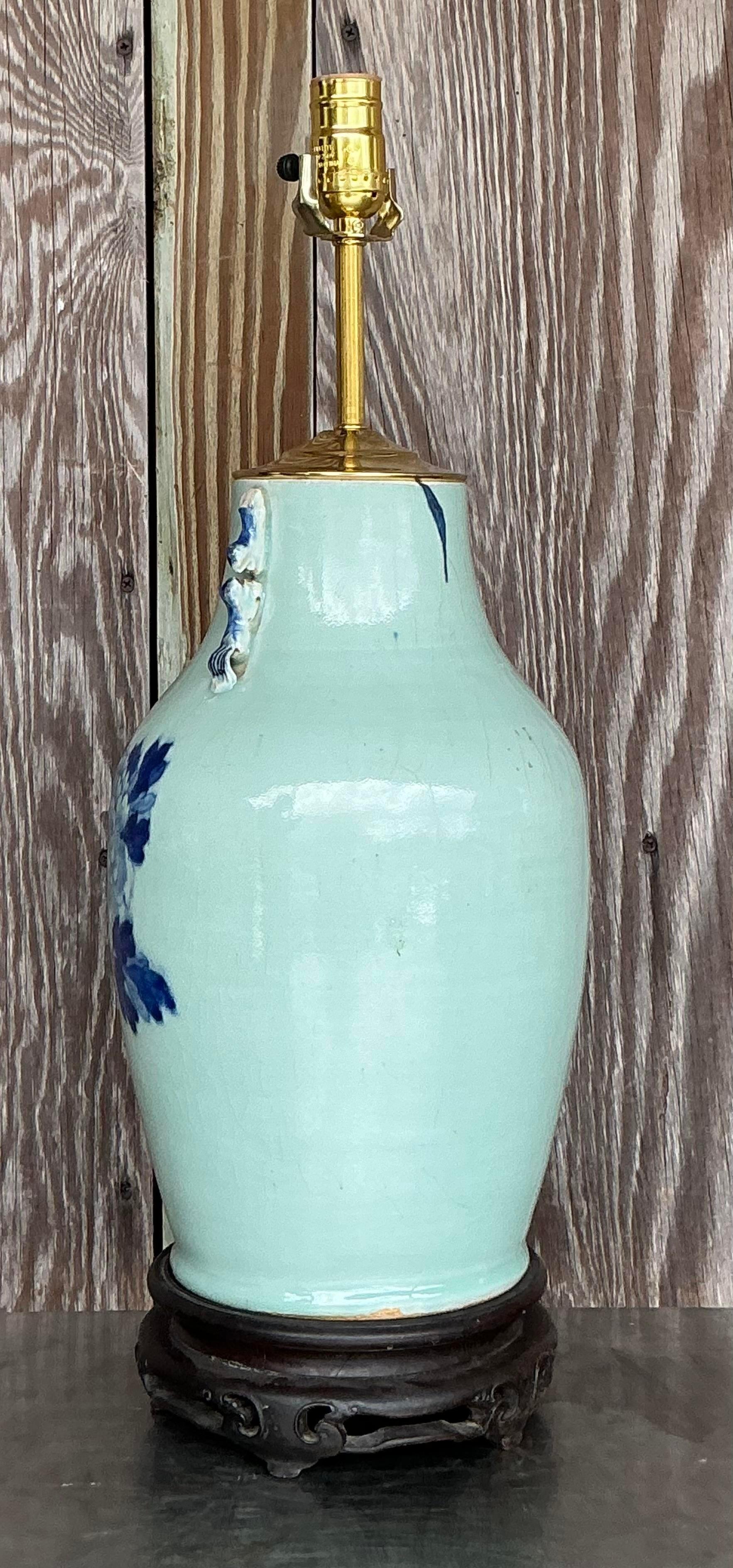 Chinese Antique 19th Century Asian Blue and White Rooster Lamp For Sale