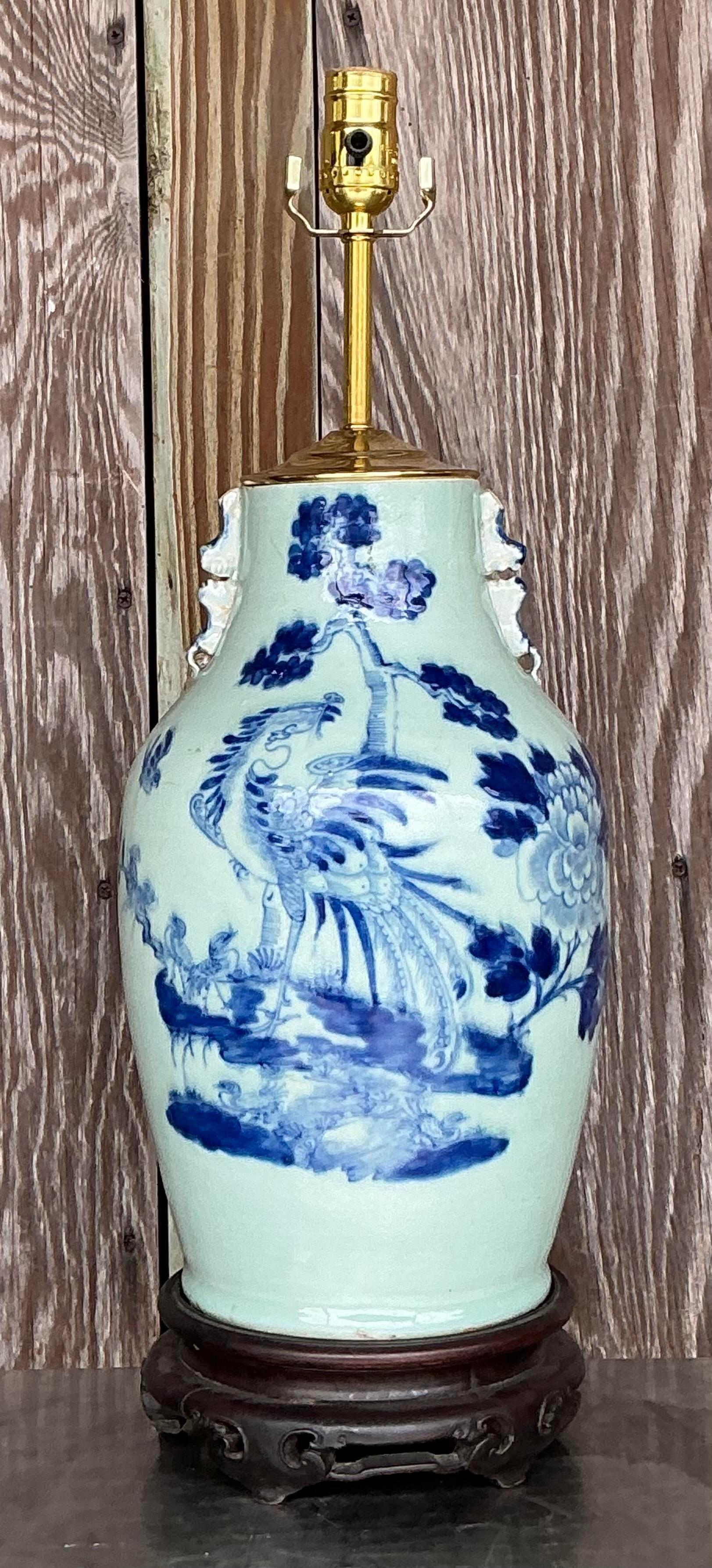 Antique 19th Century Asian Blue and White Rooster Lamp In Good Condition For Sale In west palm beach, FL