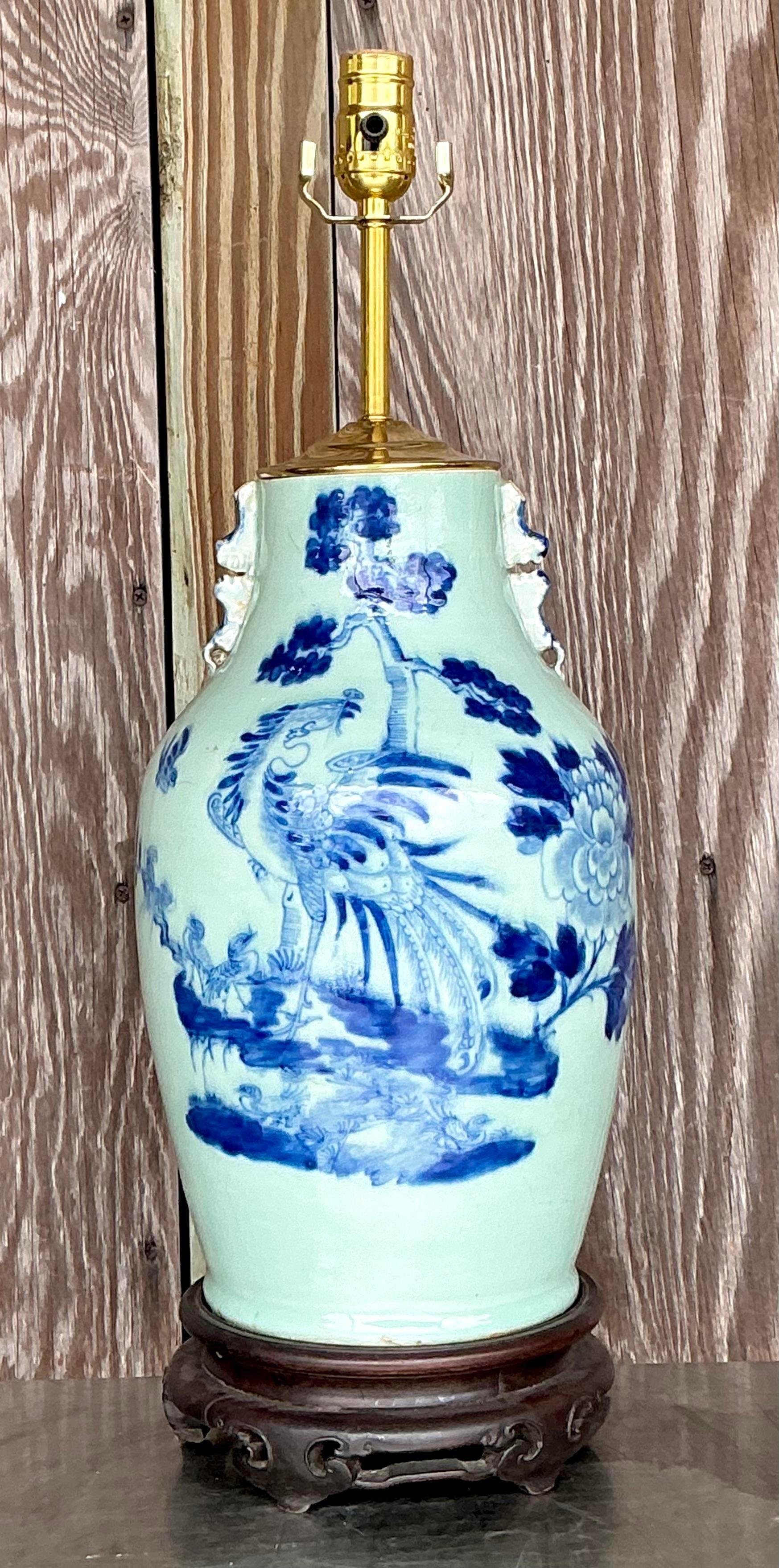 Metal Antique 19th Century Asian Blue and White Rooster Lamp For Sale