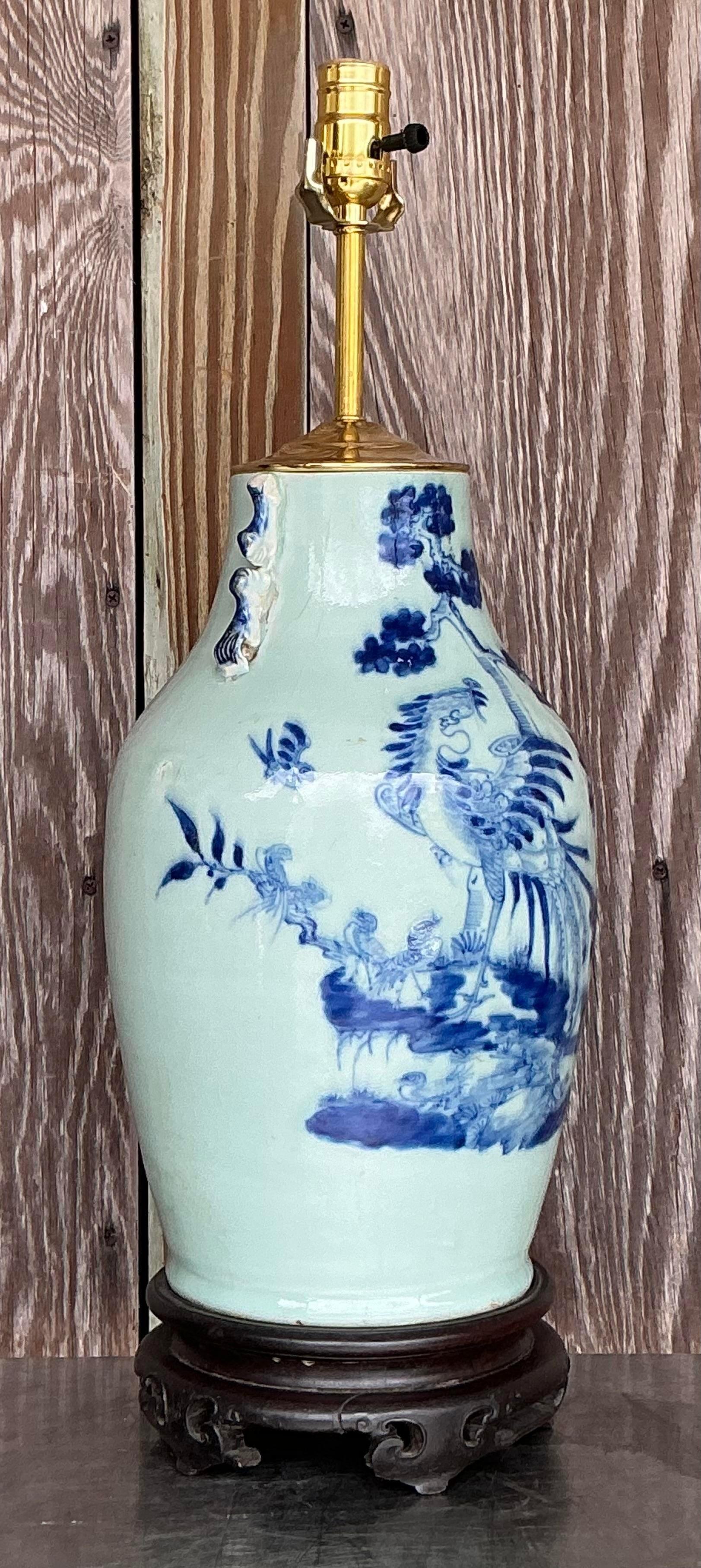 Antique 19th Century Asian Blue and White Rooster Lamp For Sale 1